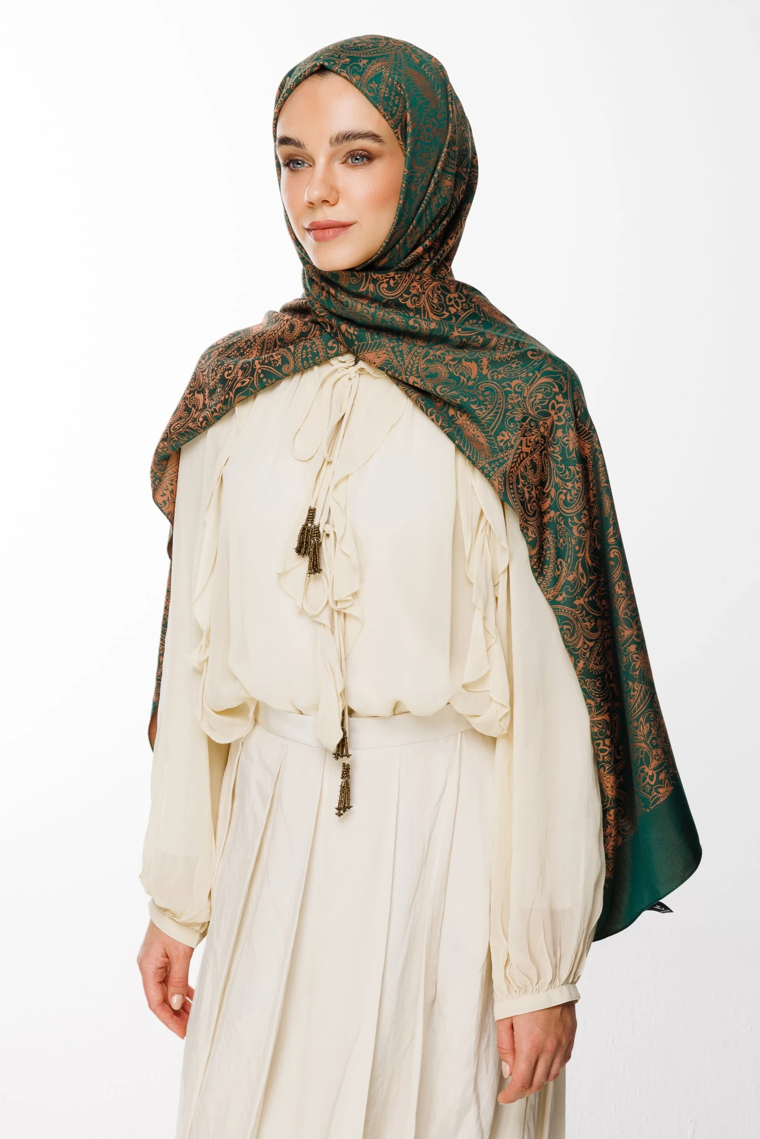 Toptan Velora Desen Çift Taraflı Şal - Zümrüt-Kayısı