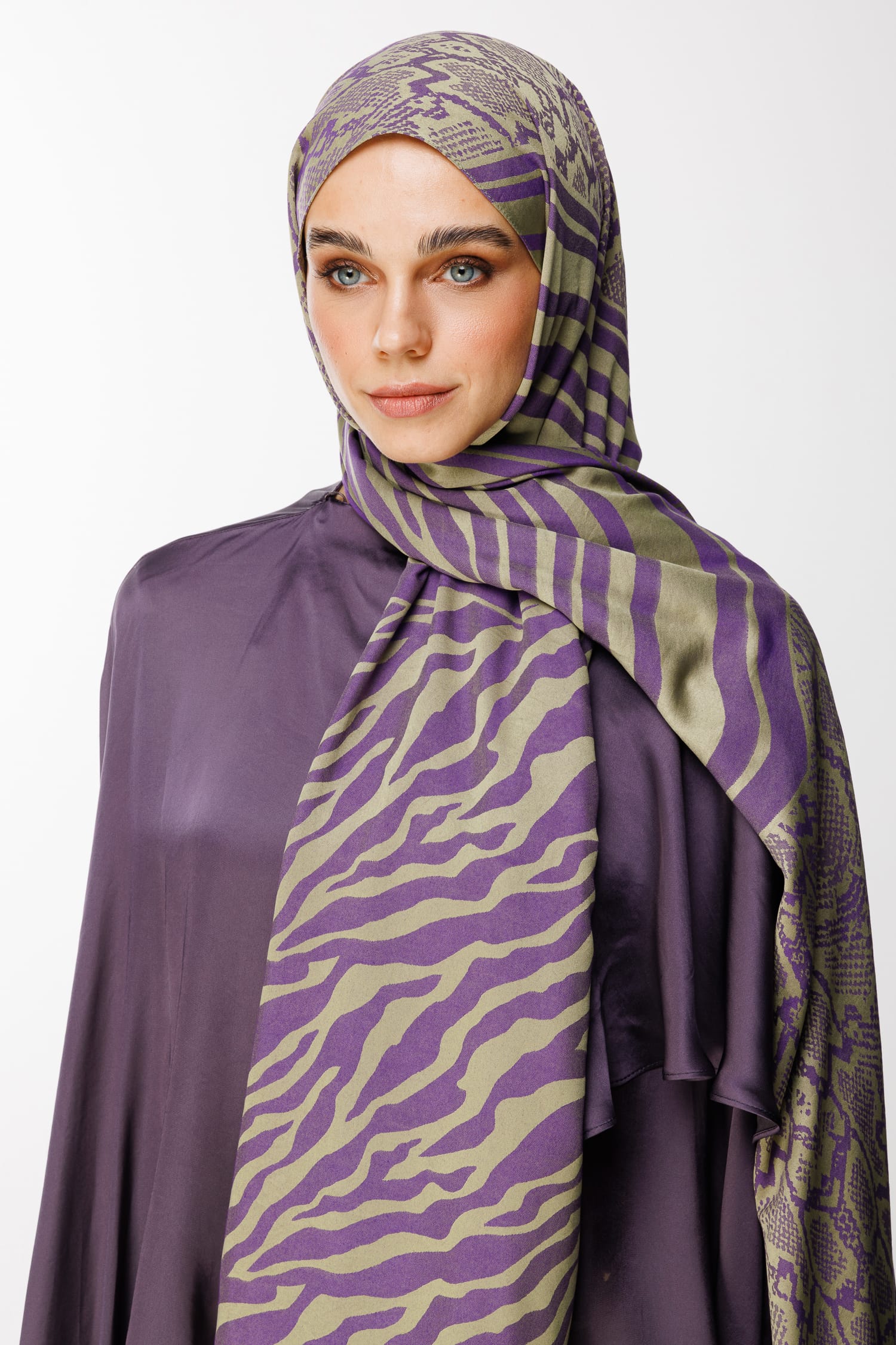 Toptan Riad Desen Çift Taraflı Şal - Zeytin-Mor