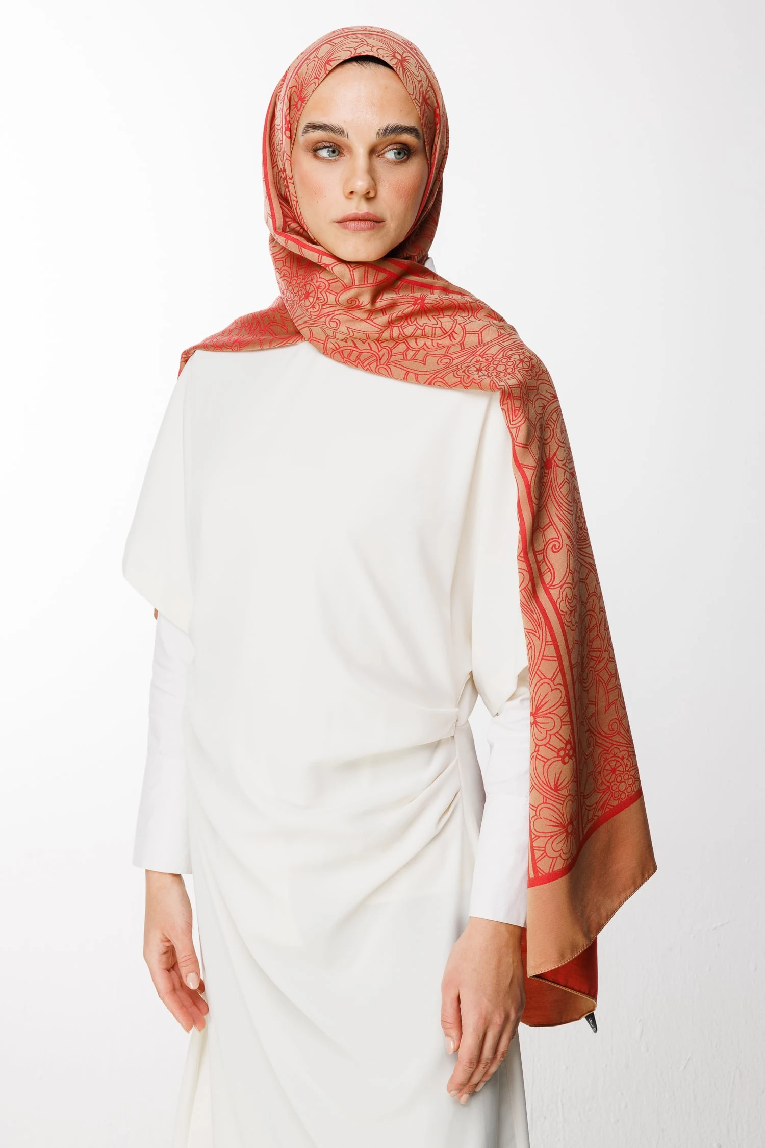 Toptan Lavin Desen Çift Taraflı Şal - Vizon-Kırmızı