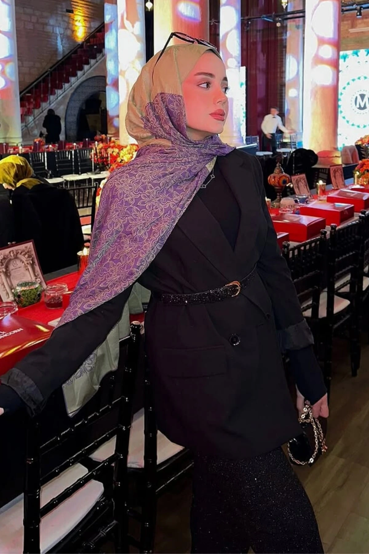 Toptan Nora Desen Çift Taraflı Şal - Zeytin-Mor