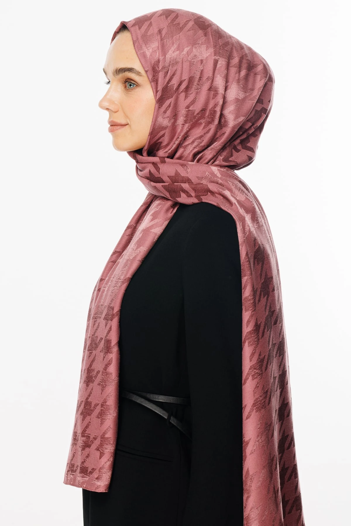 Wholesale Houndstooth Pattern Shiny Jacquard Shawl - Dried Rose