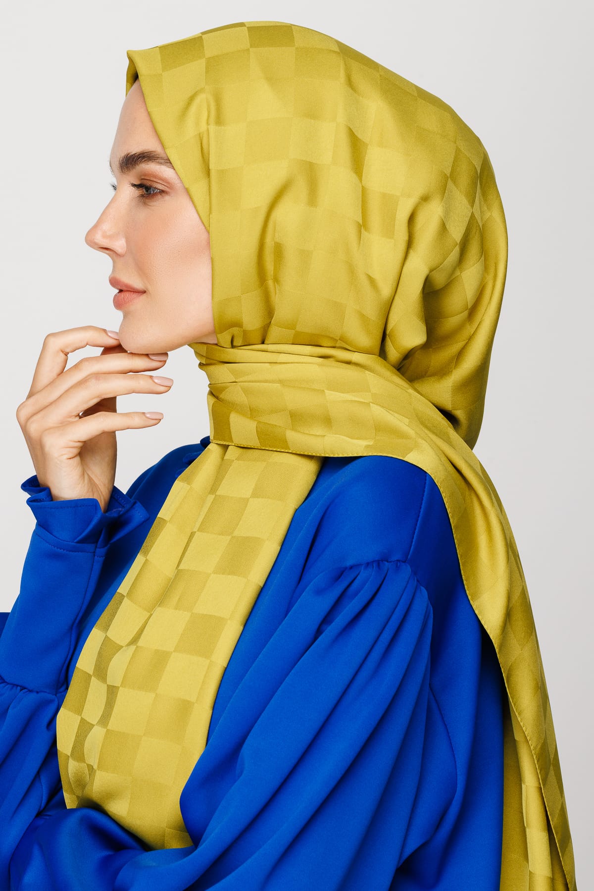 Checkers Pattern Silk Jacquard Shawl - Olive Green