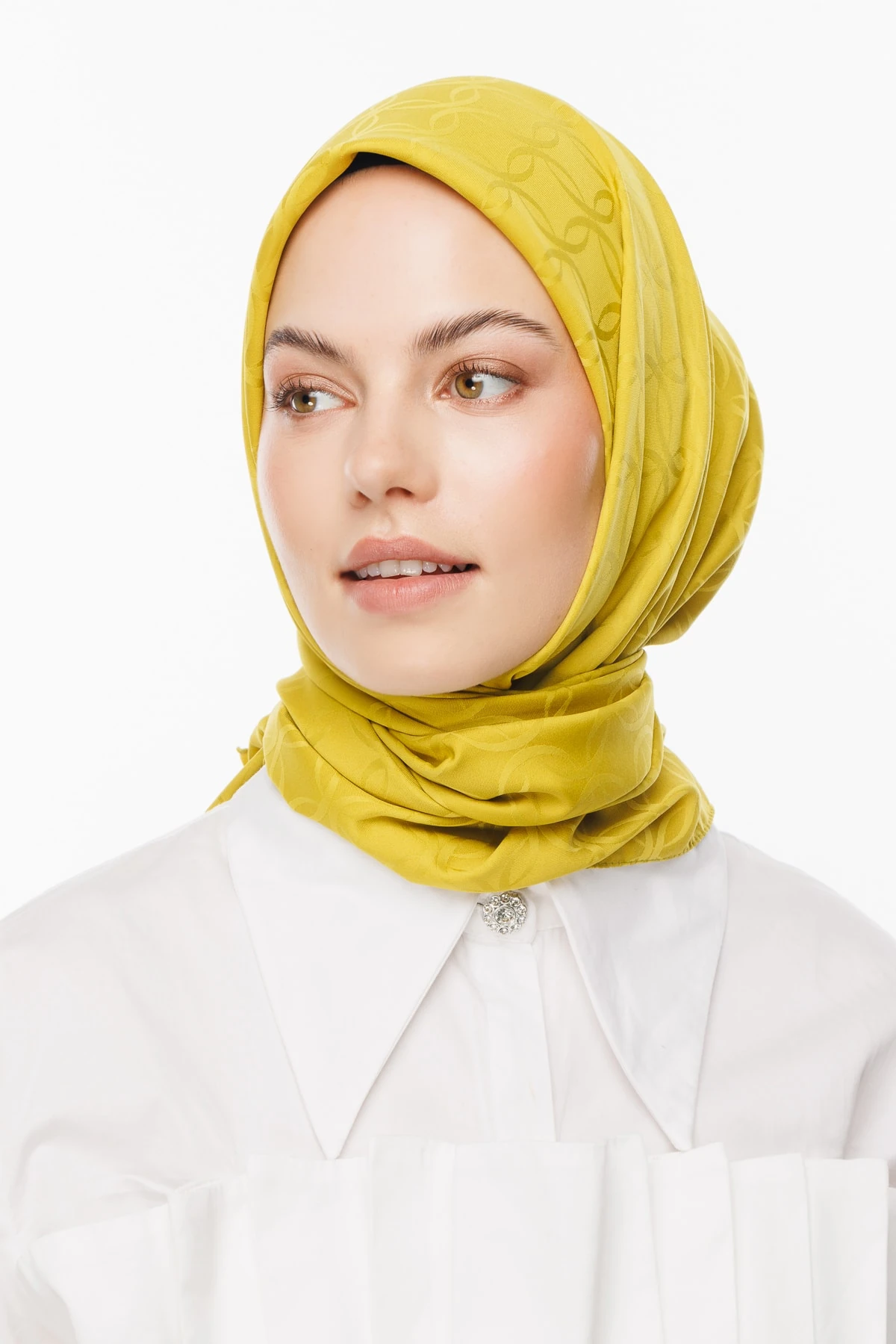 Toptan London Desen İpeksi Jakar Eşarp - Oliv Yeşili