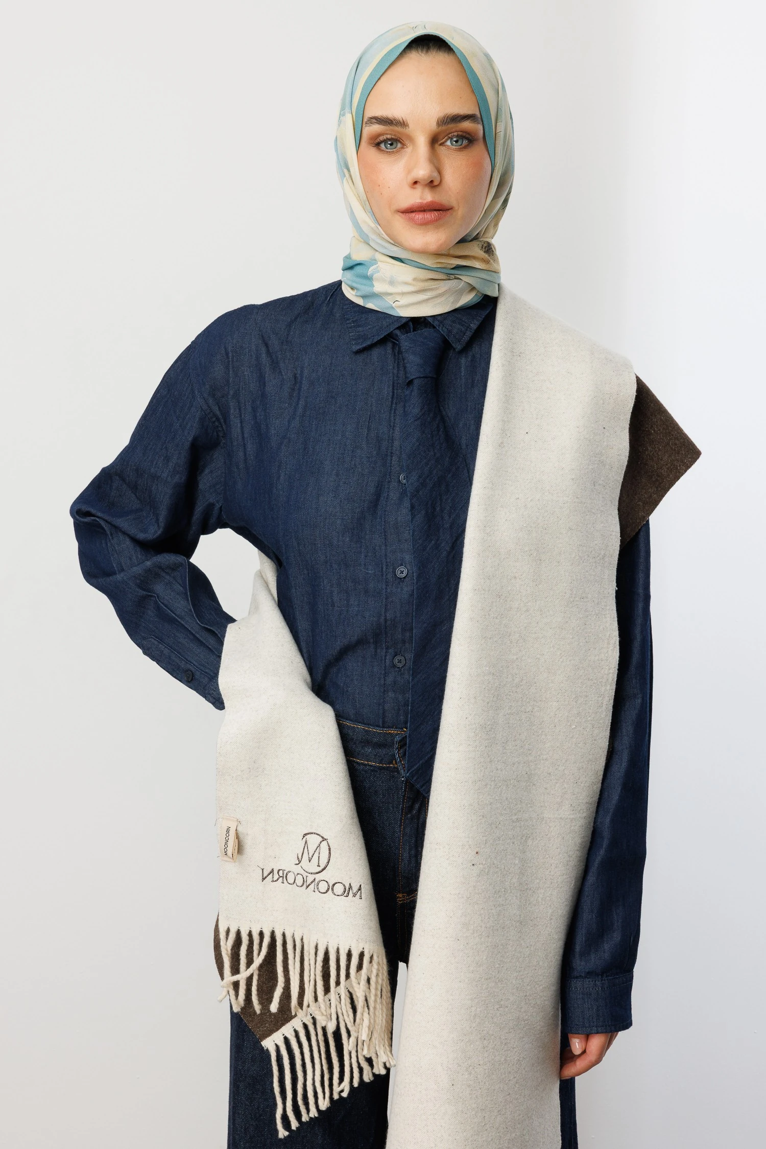 Toptan Çift Taraflı Yün Atkı - Taş Rengi Kahve