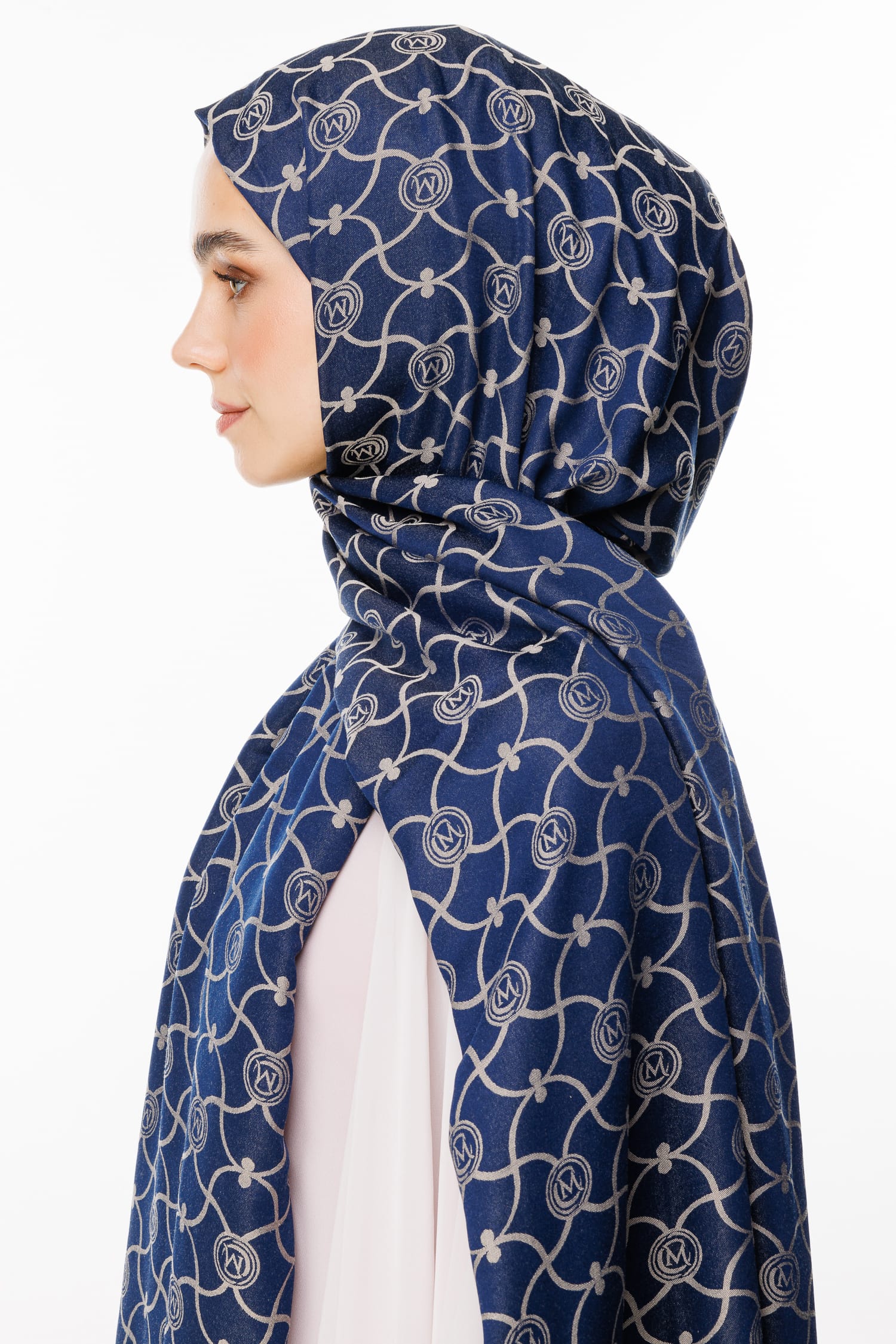 Toptan Marrakech Desen Çift Taraflı Şal - Lacivert-Bej