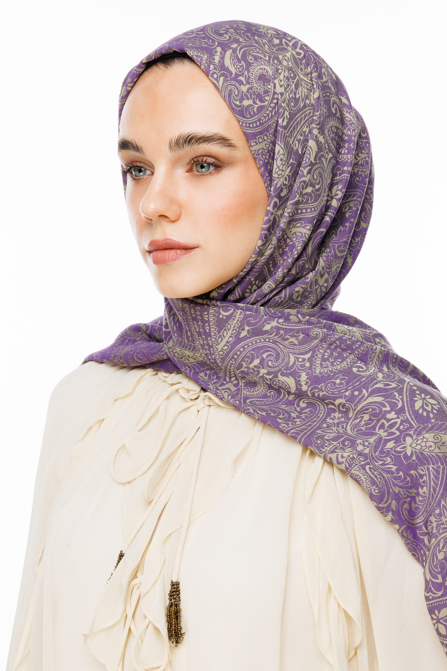 Toptan Velora Desen Çift Taraflı Şal - Zeytin-Mor