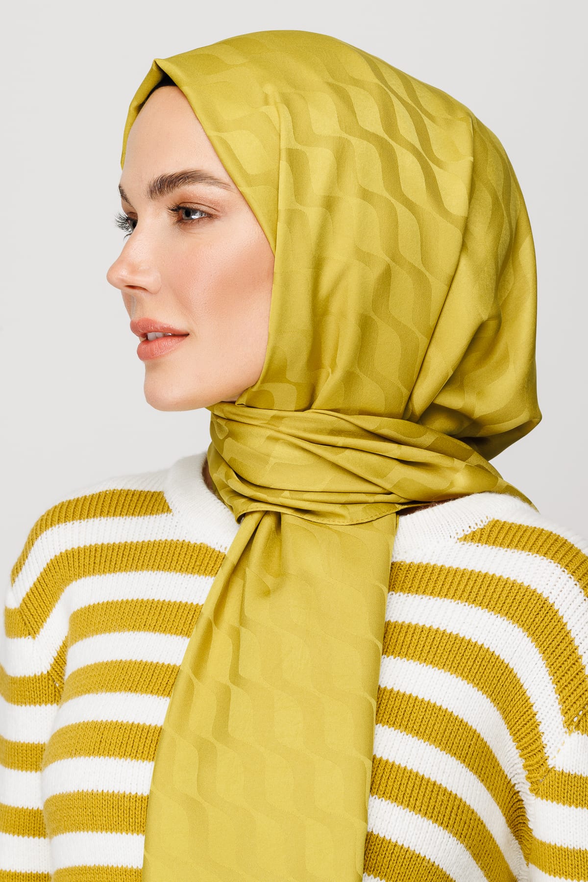 Toptan Dalga Desen İpeksi Jakar Şal - Oliv Yeşili