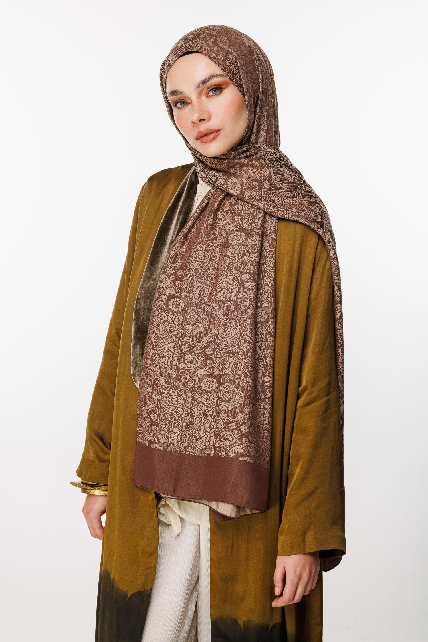 Toptan Henna Desen Çift Taraflı Şal - Acı Kahve-Bej