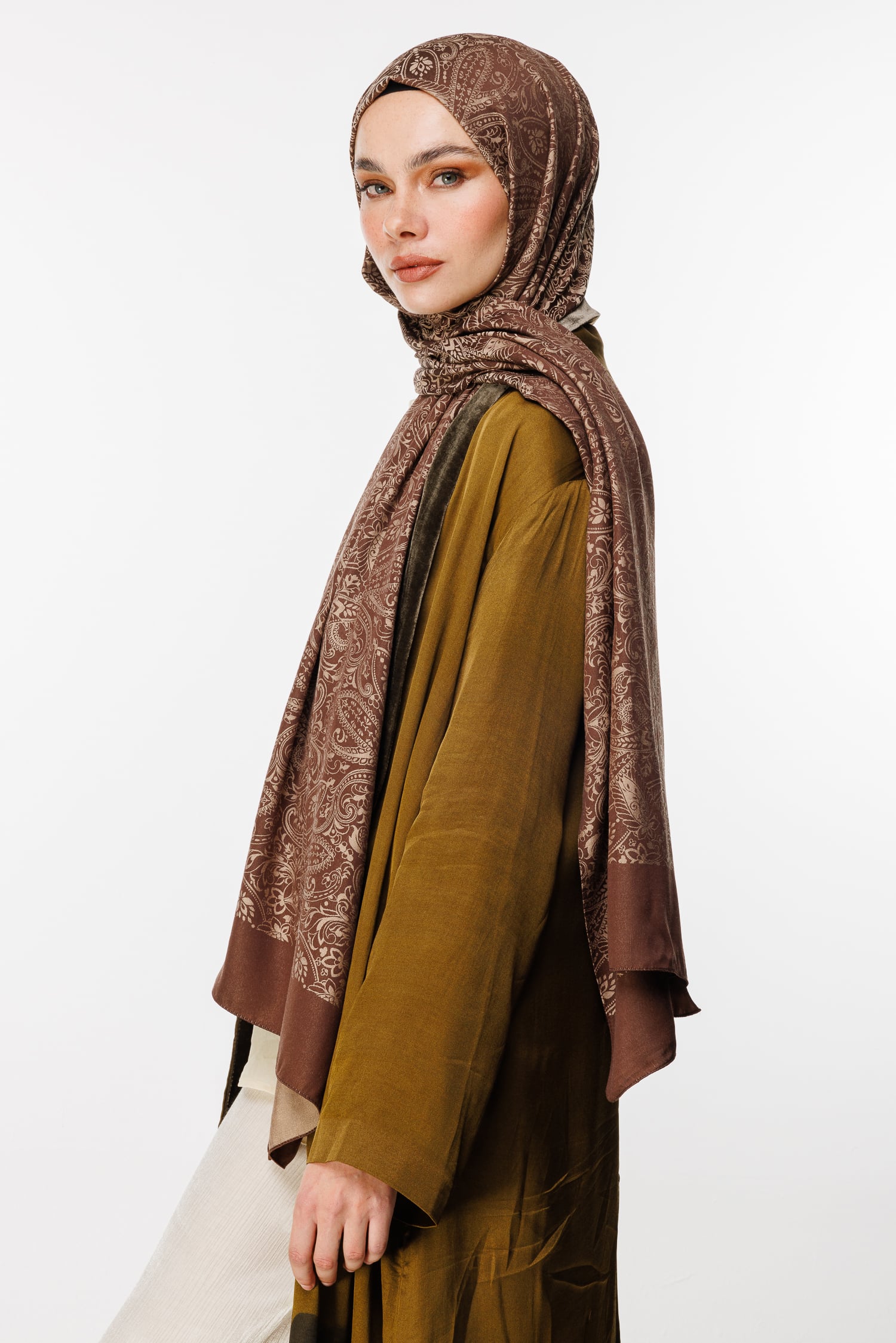 Toptan Velora Desen Çift Taraflı Şal - Acı Kahve-Bej