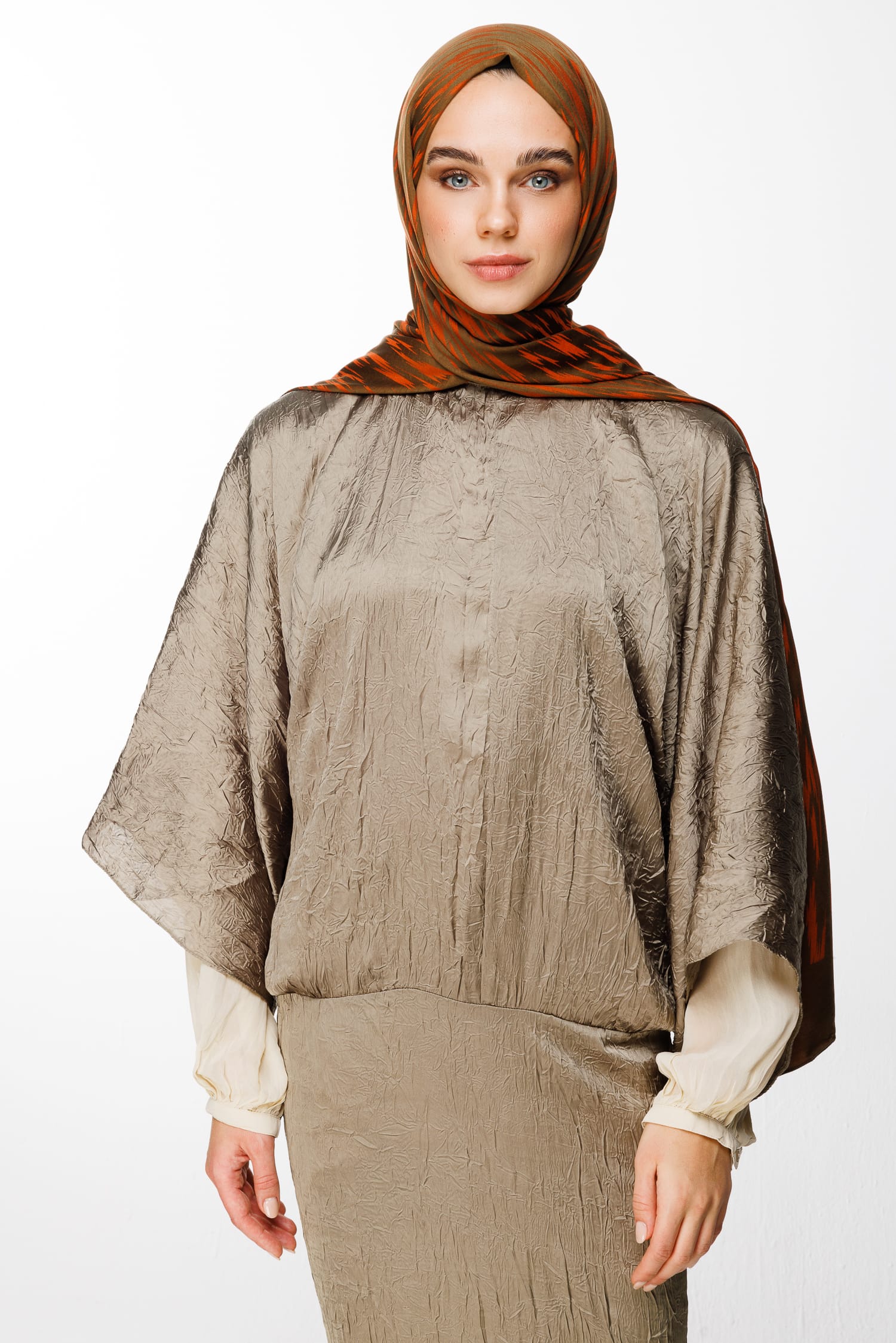 Toptan Selis Desen Çift Taraflı Şal - Koyu Haki-Tarçın