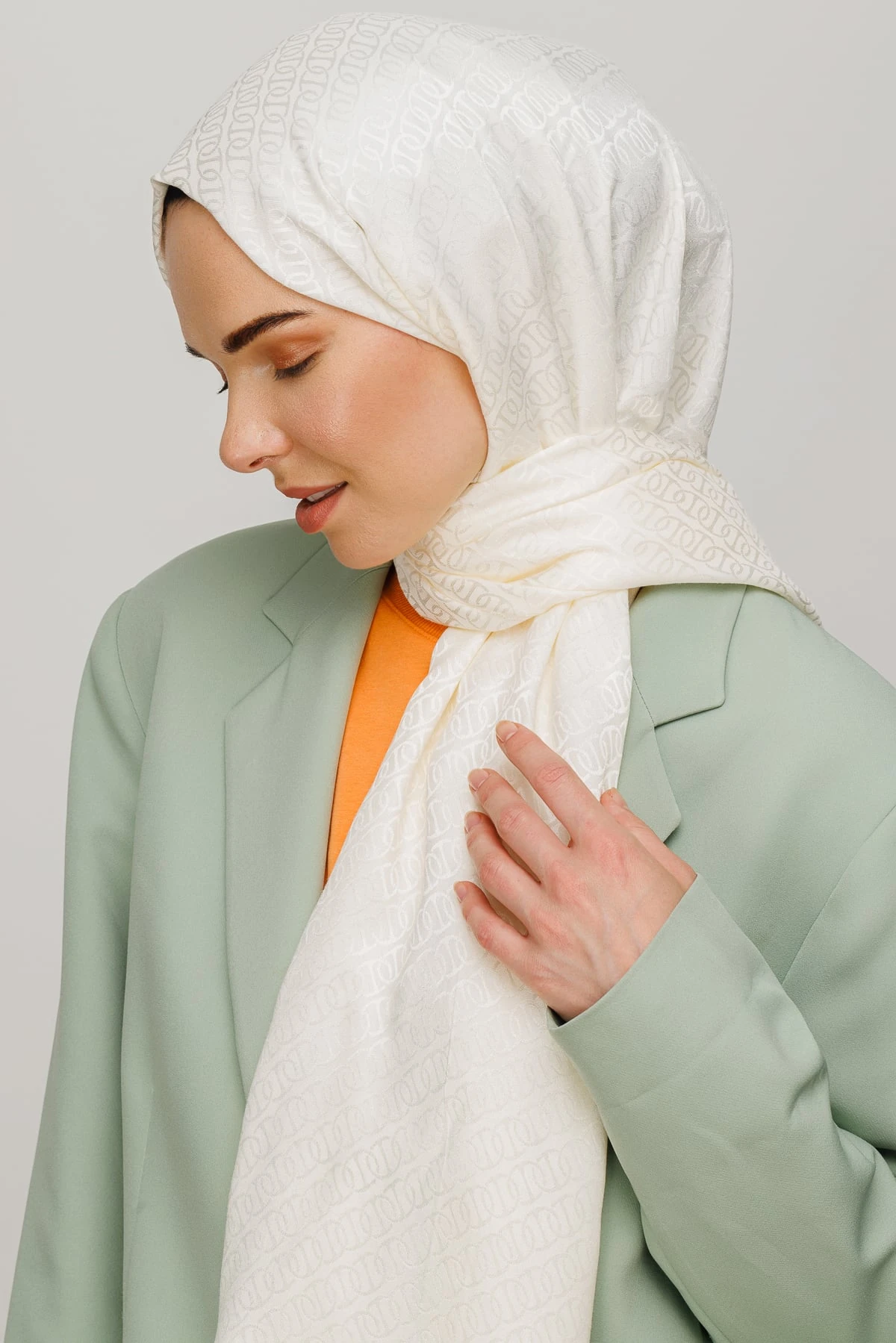 Wholesale Forever Pattern Shiny Jacquard Shawl - Ecru