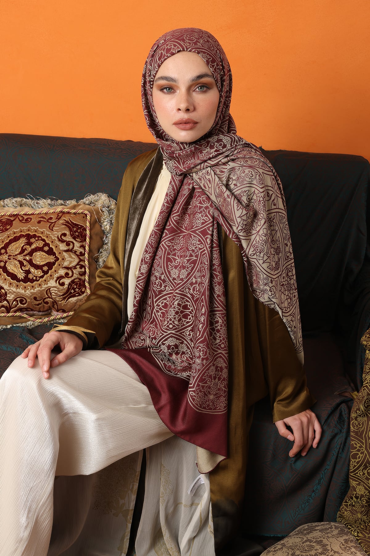 Toptan Morocco Desen Çift Taraflı Şal - Mürdüm-Somon