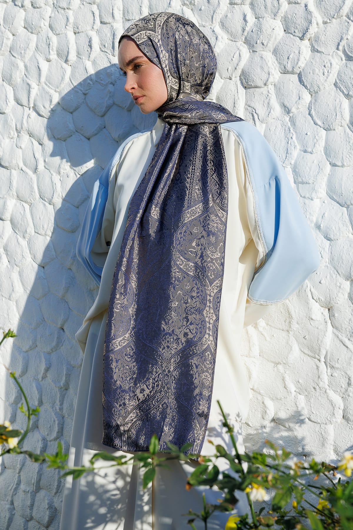 Toptan Soler Desen Shine Line Şal - Lacivert-Bej