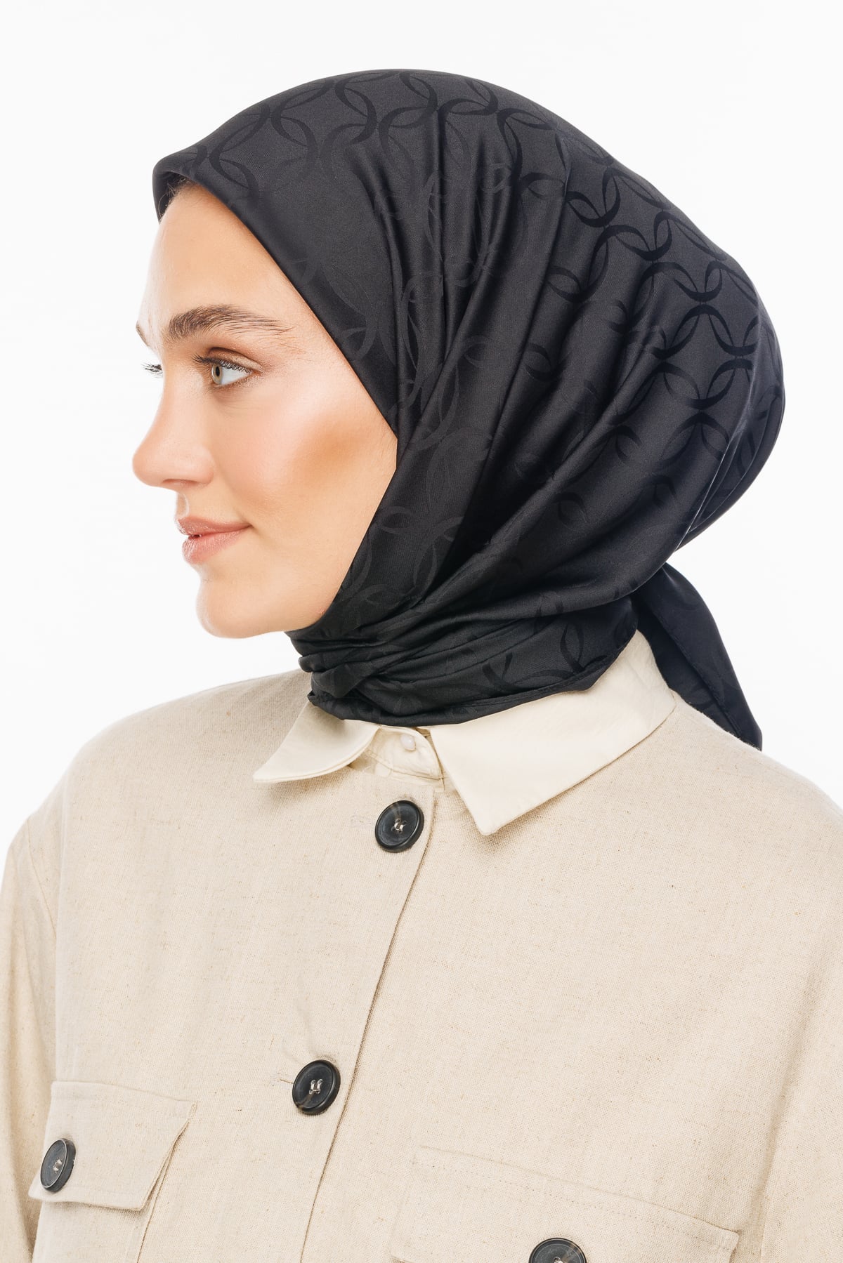 Toptan London Desen İpeksi Jakar Eşarp - Siyah