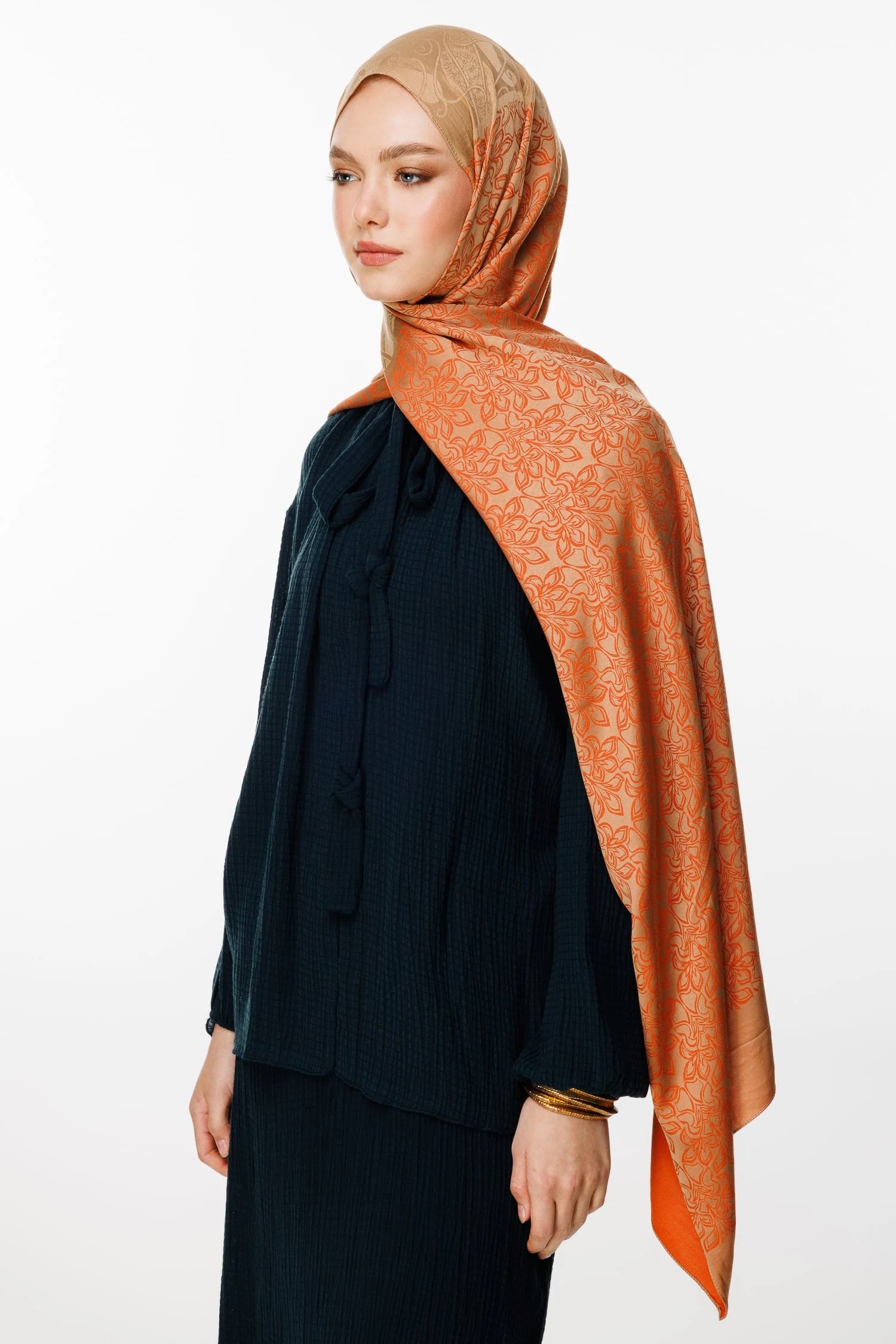 Toptan Nora Desen Çift Taraflı Şal - Vizon-Tarçın