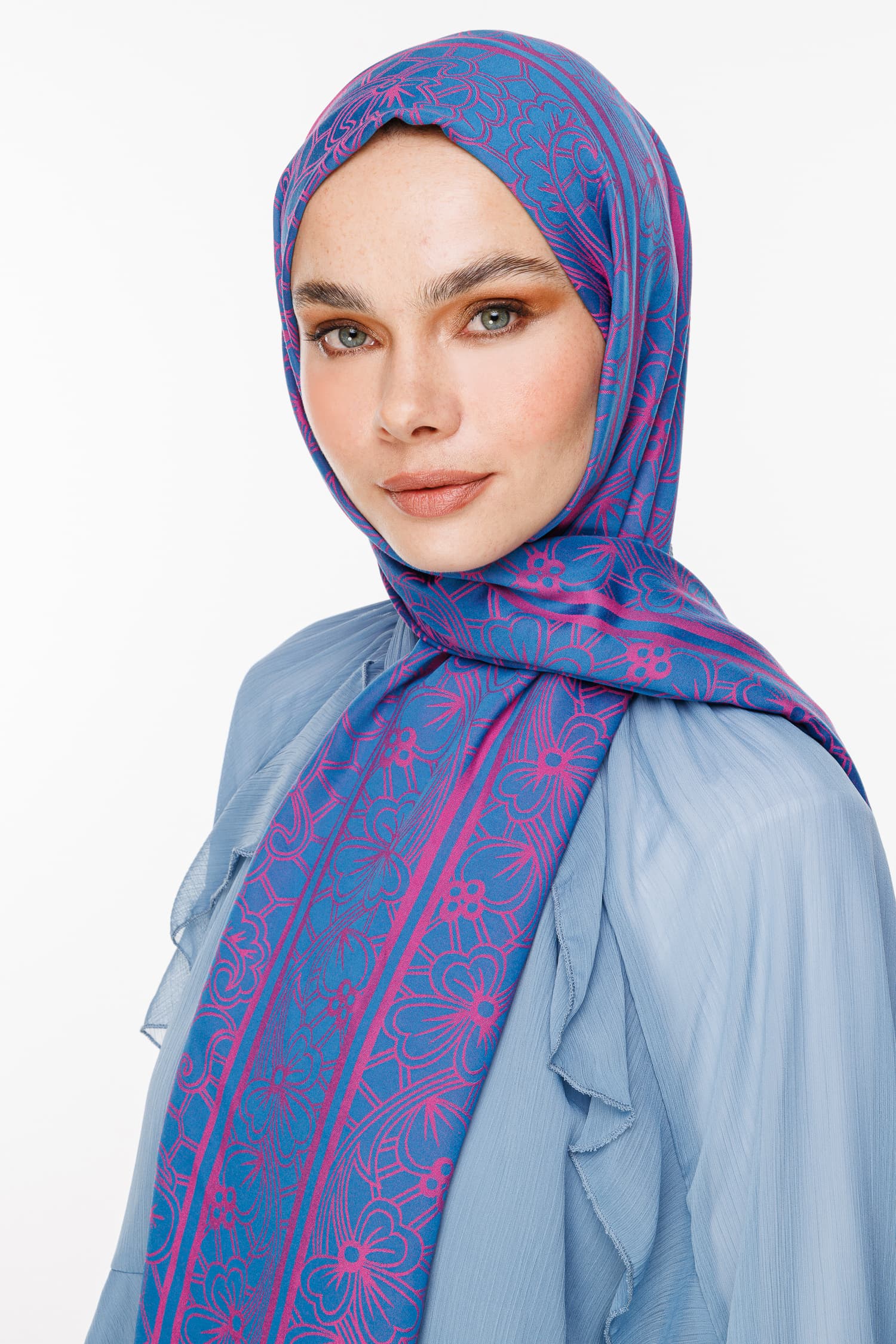 Toptan Lavin Desen Çift Taraflı Şal - Petrol Mavisi-Fuşya