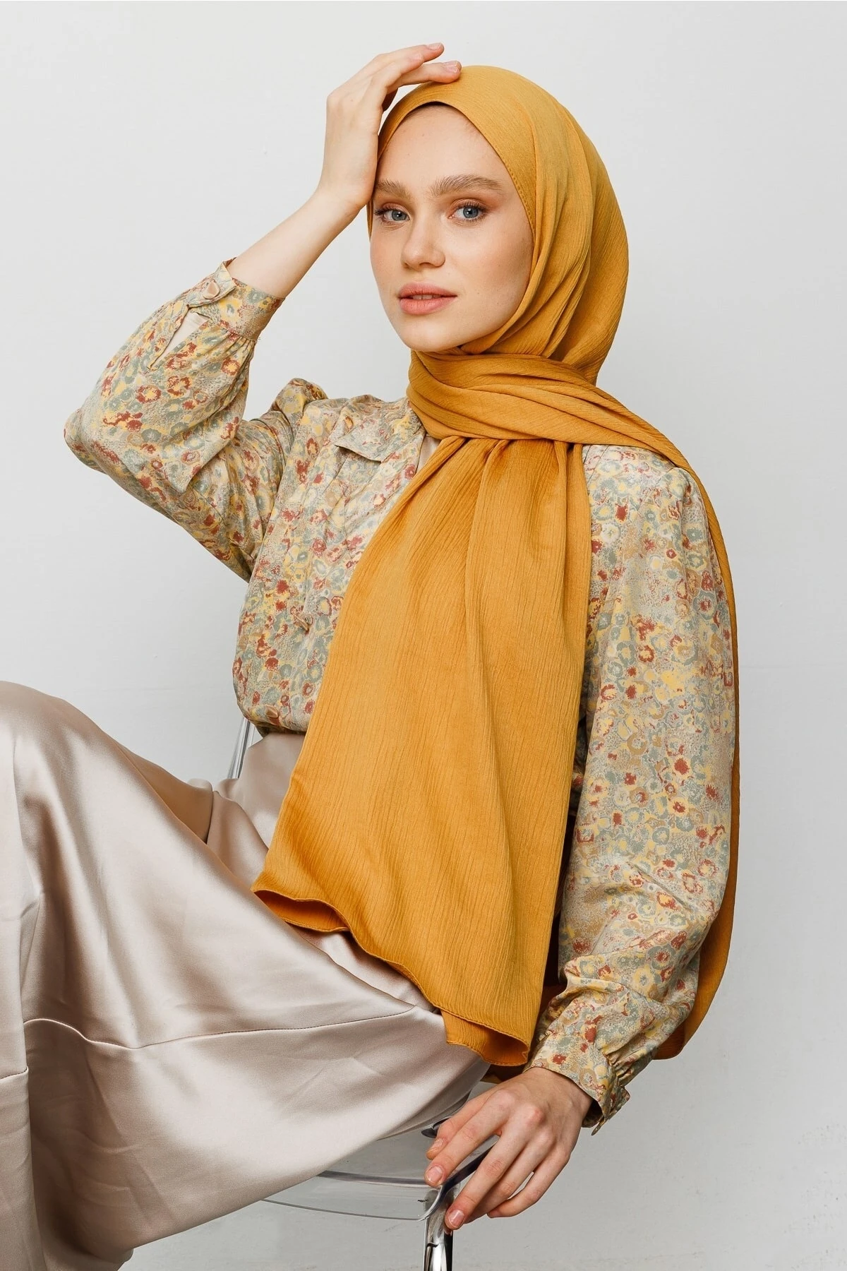 Toptan Krinkıl Medine İpeği Şal - Hardal