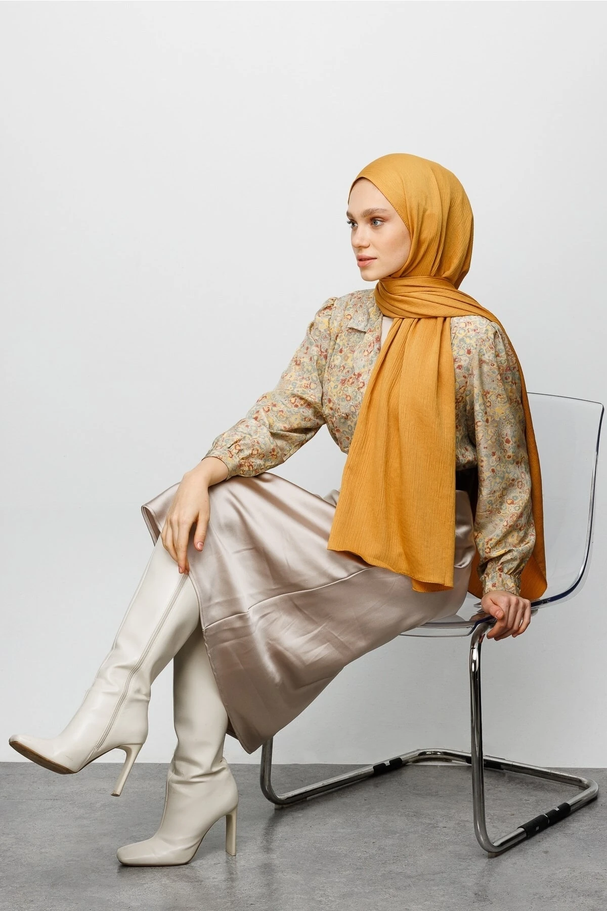 Toptan Krinkıl Medine İpeği Şal - Hardal