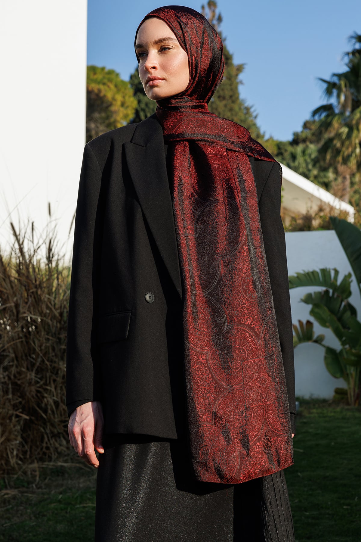 Toptan Vera Desen Shine Line Şal - Siyah-Bordo