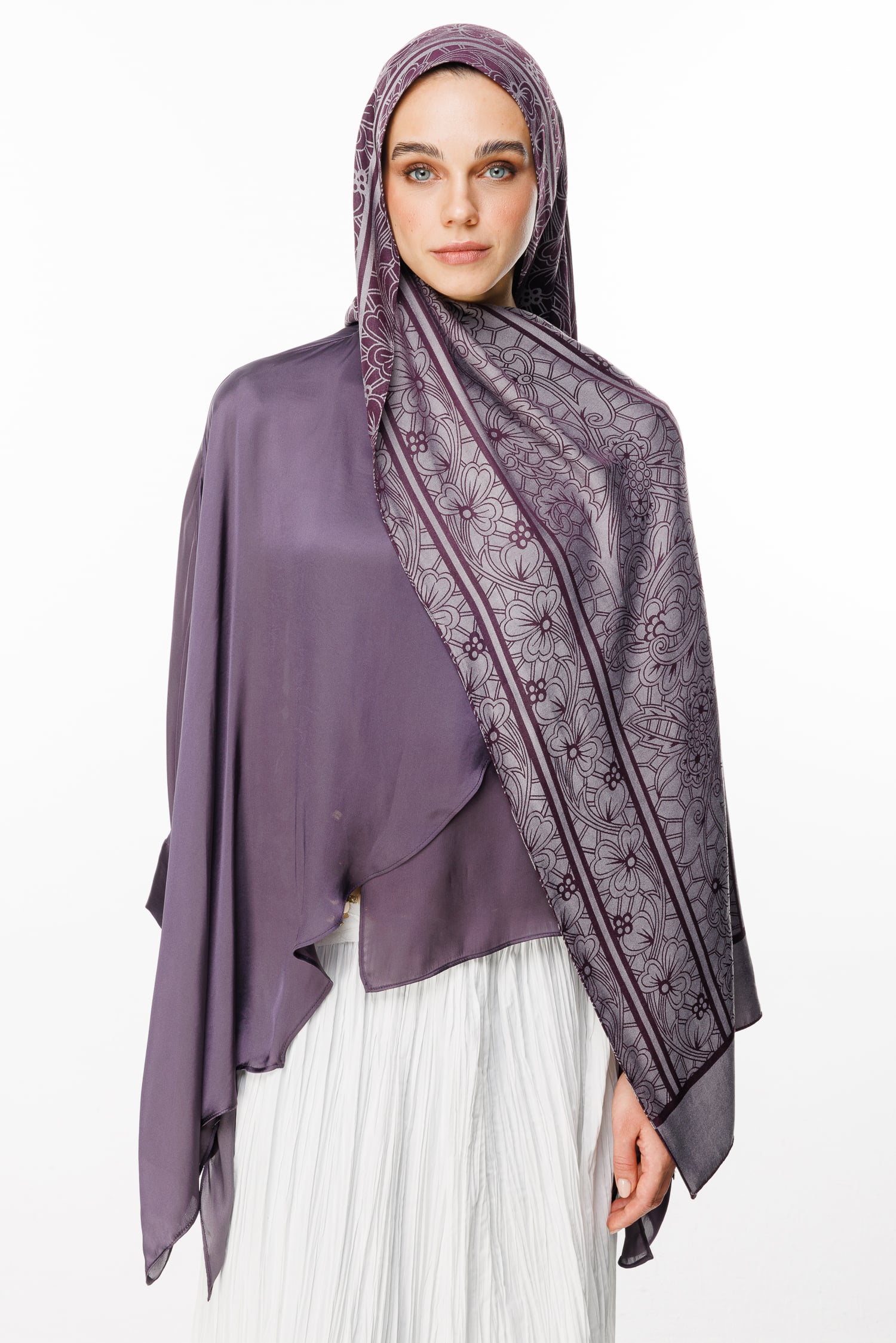 Toptan Lavin Desen Çift Taraflı Şal - Mor-Gri