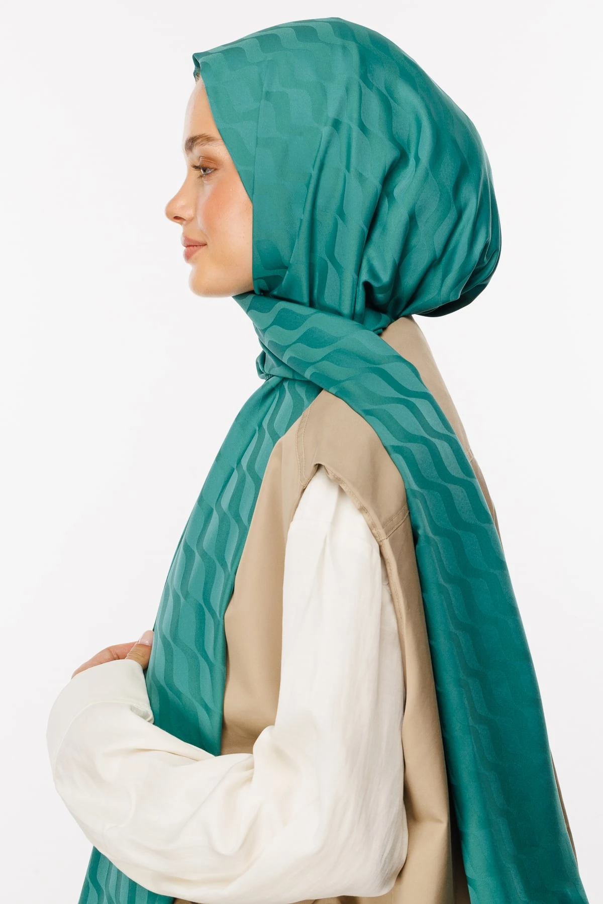 Toptan Dalga Desen İpeksi Jakar Şal - Mint Yeşili