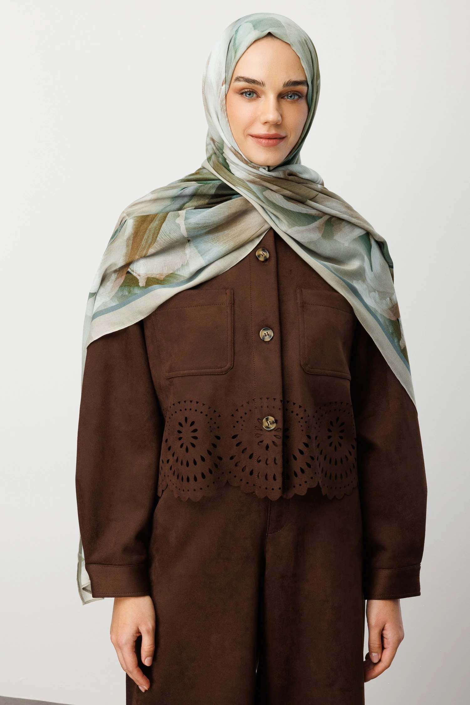 Wholesale Fleur Pattern Ramie Shawl - Sage