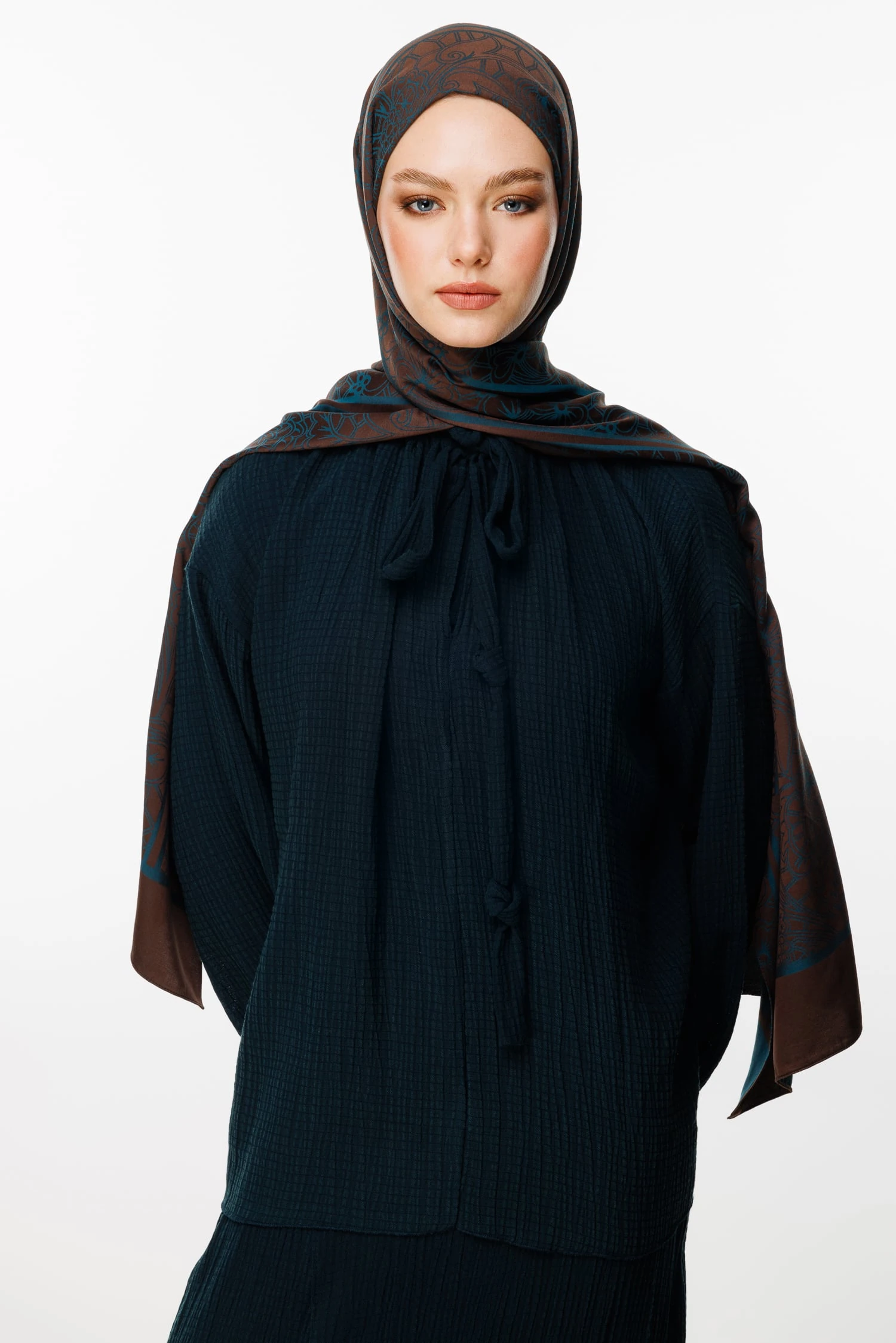 Lavin-Pattern Reversible Shawl - Bitter Brown-Petroleum Blue