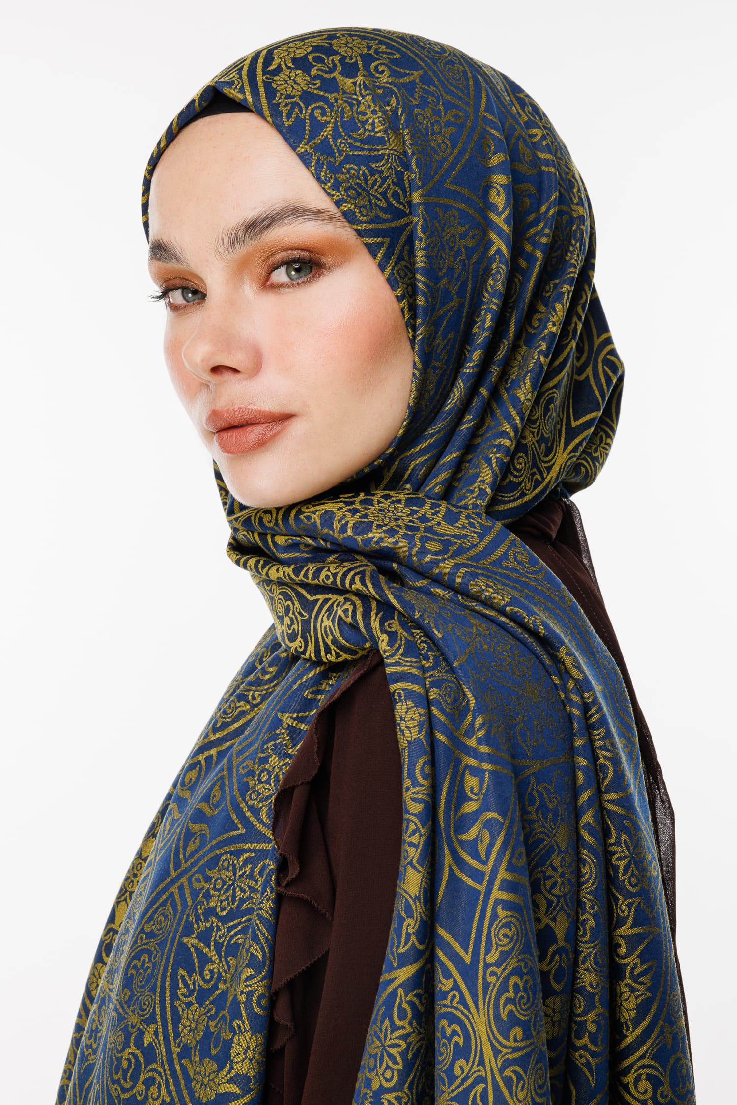 Morocco Pattern Double-Sided Shawl - Navy Blue-Oil Green
