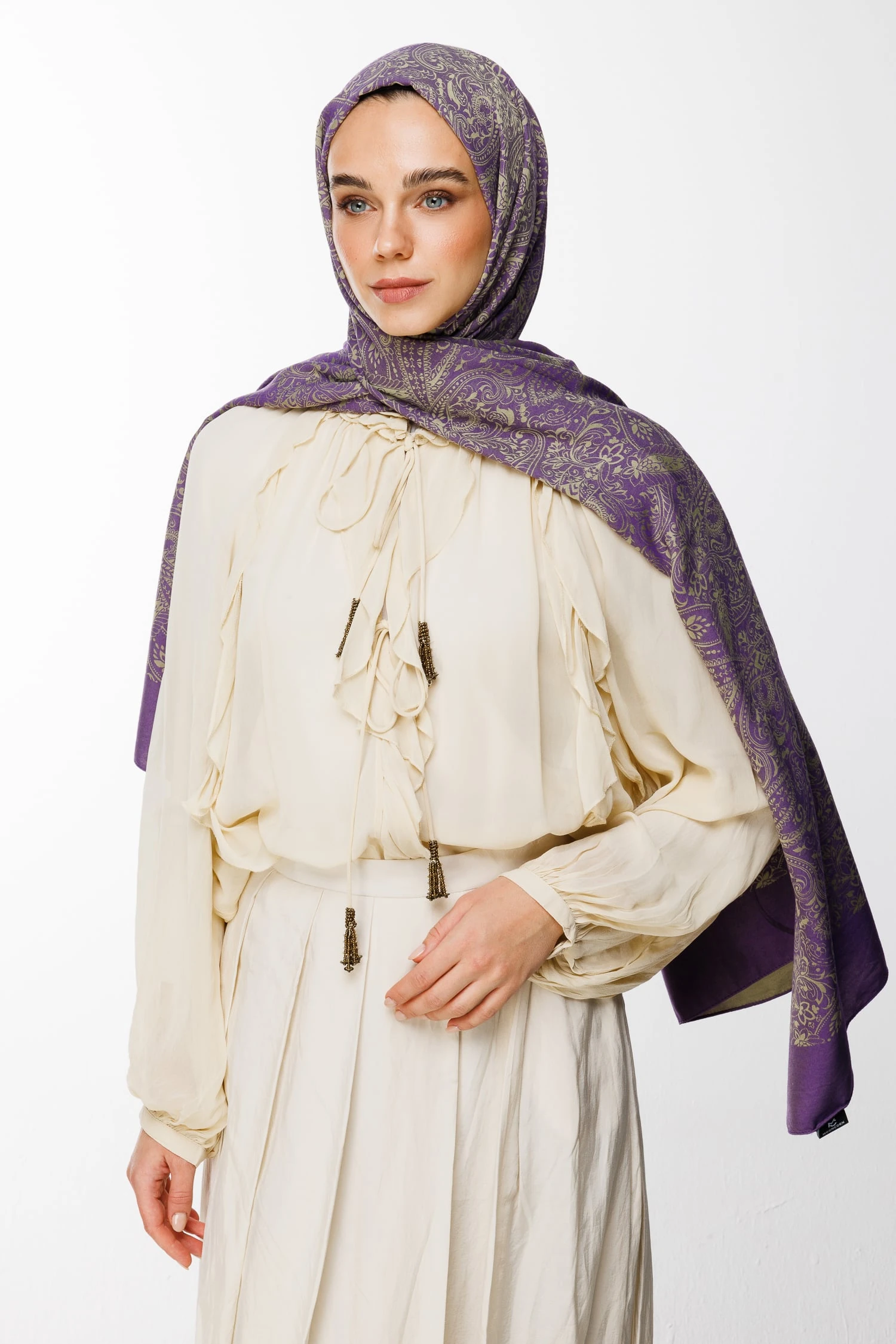 Toptan Velora Desen Çift Taraflı Şal - Zeytin-Mor