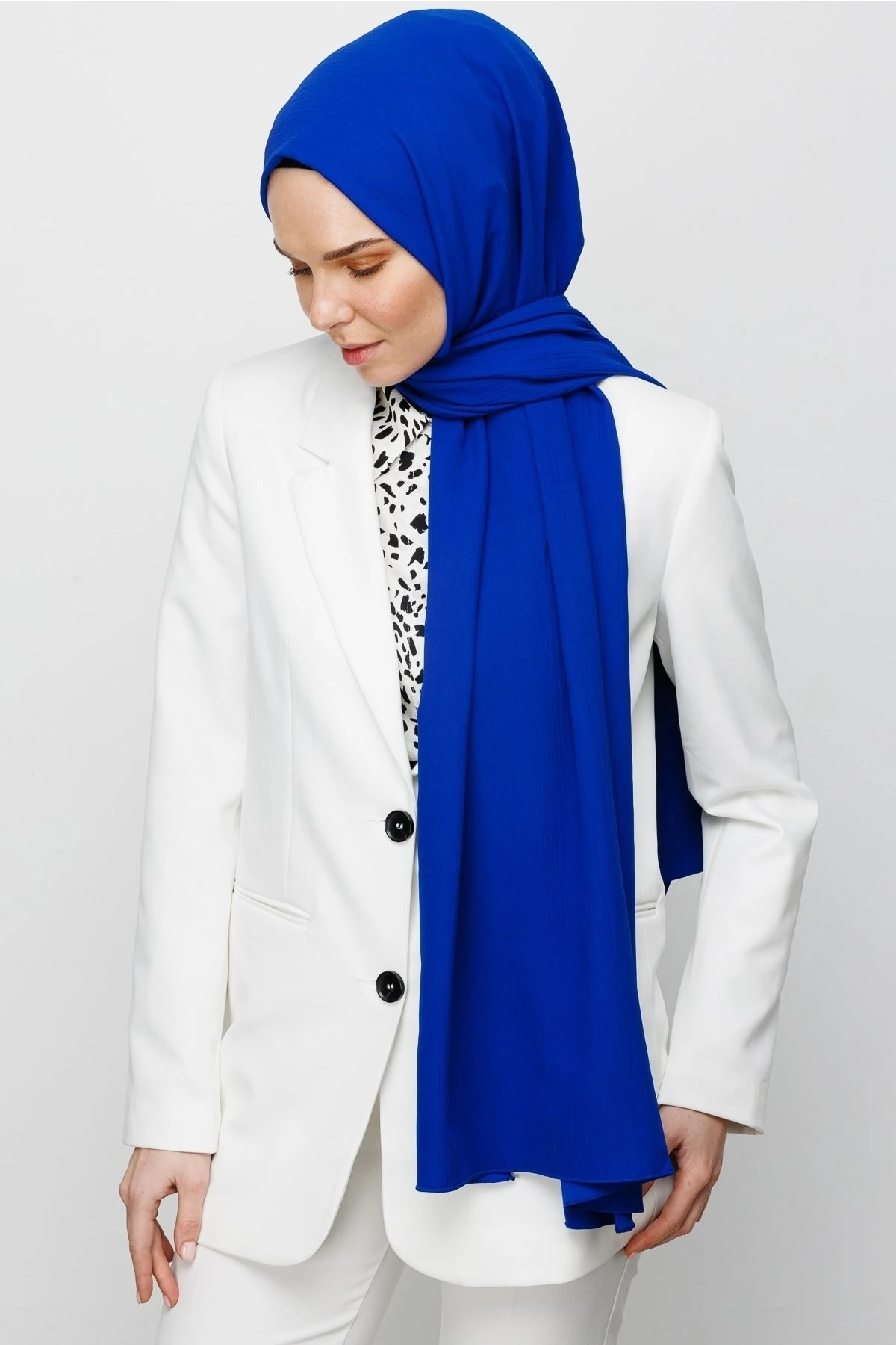 Toptan Krinkıl Medine İpeği Şal - Saks Mavi