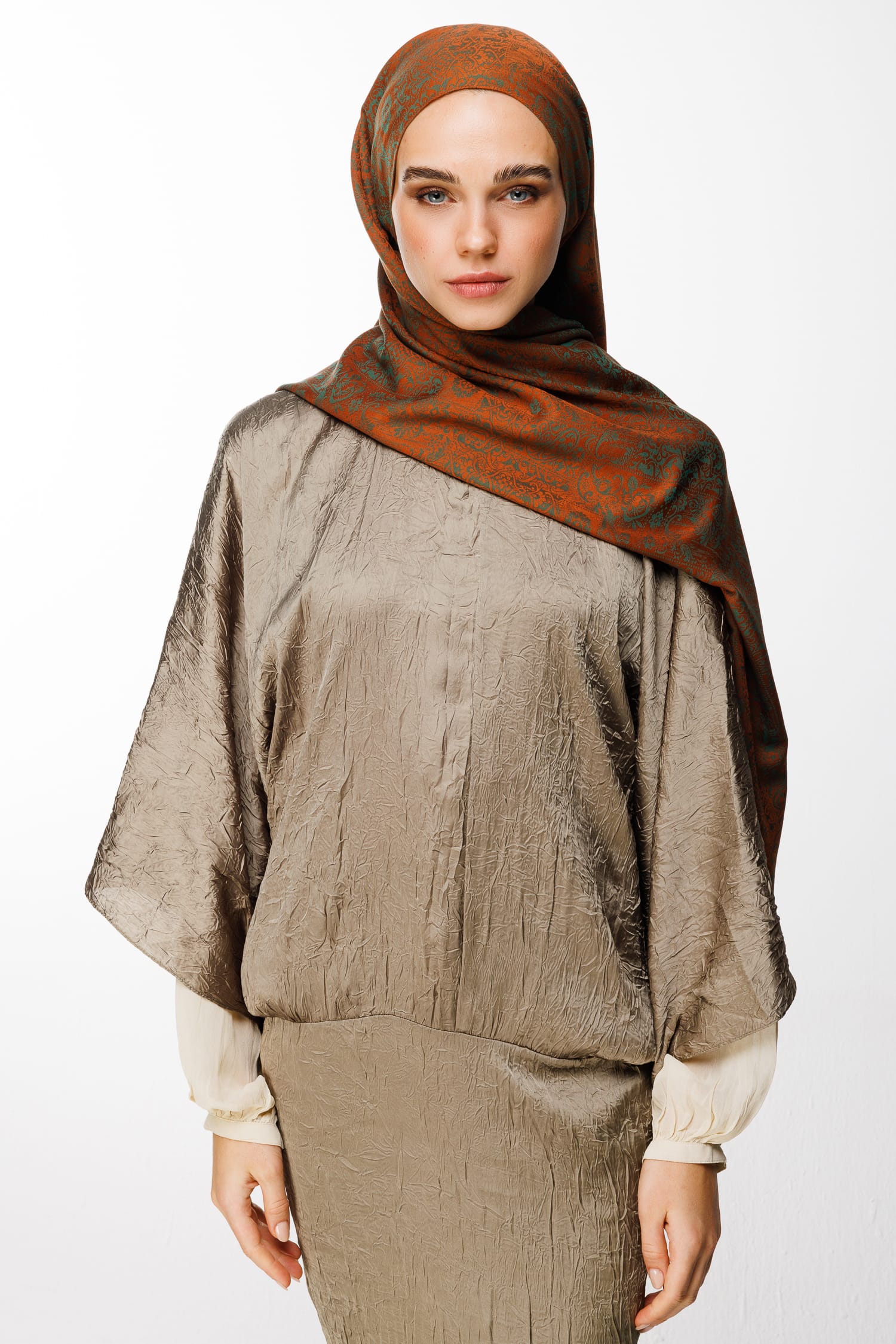 Toptan Henna Desen Çift Taraflı Şal - Tarçın-Zümrüt