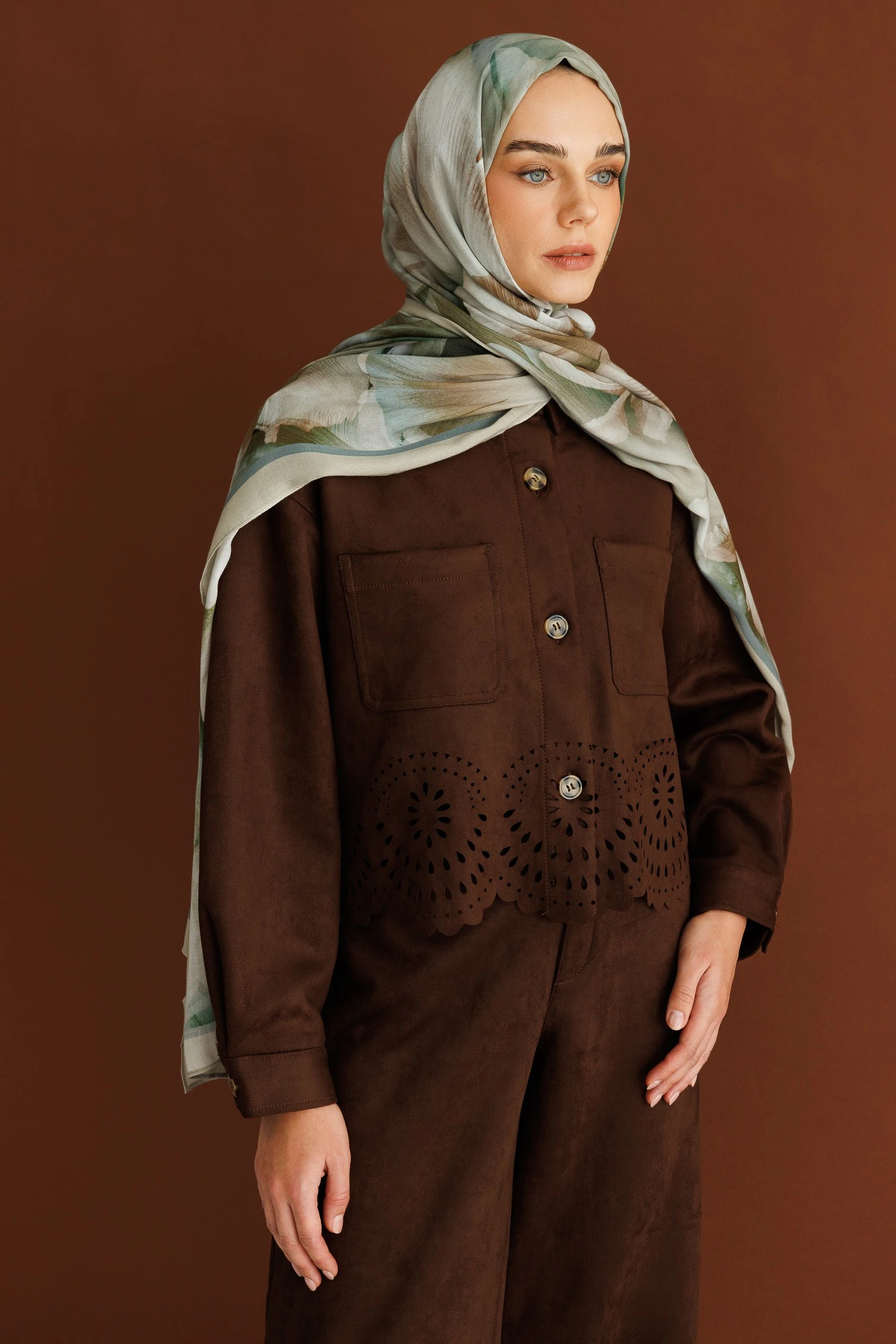 Wholesale Fleur Pattern Ramie Shawl - Sage