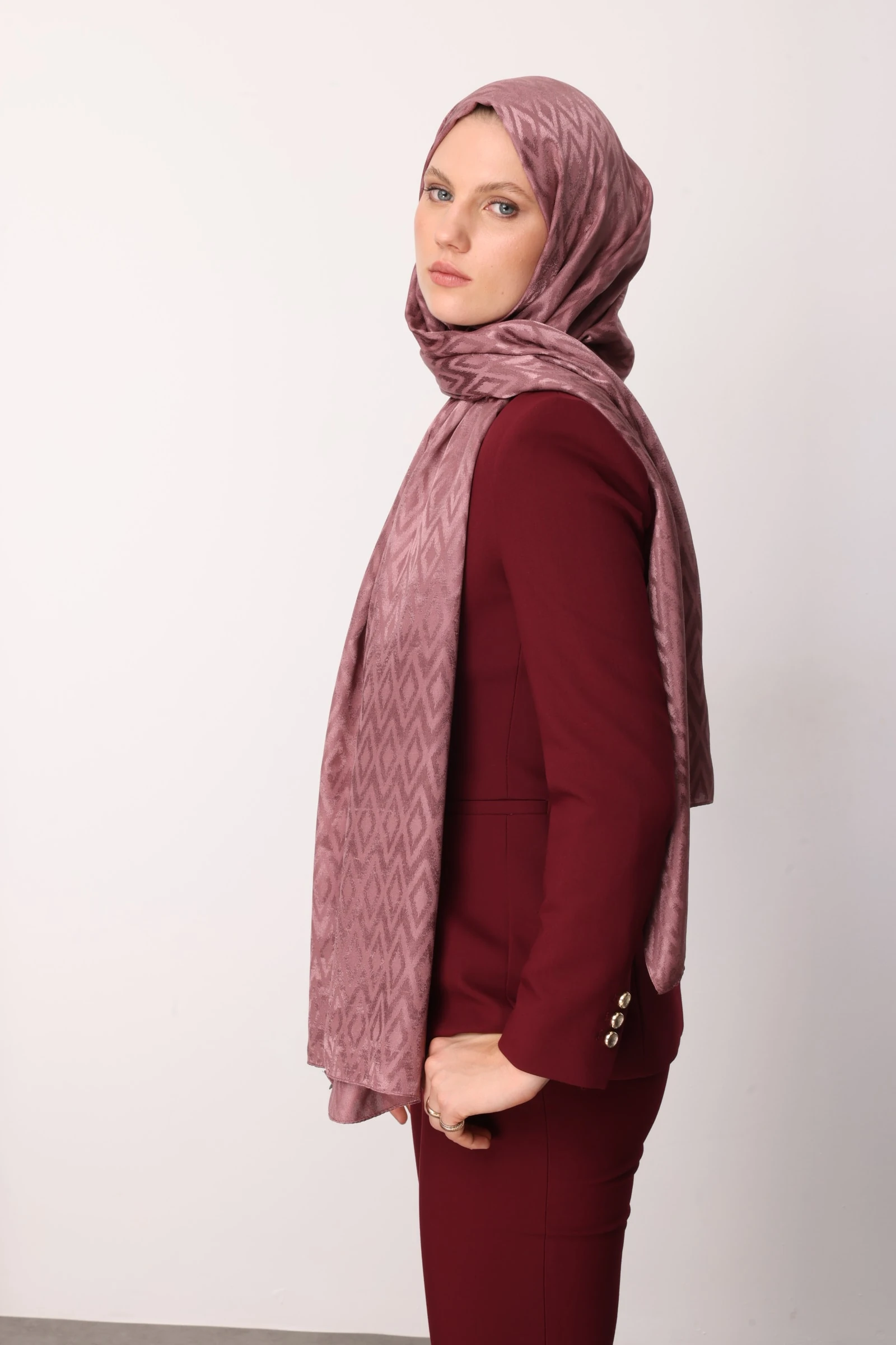 Toptan Karo Desen Parlak Jakar Şal - Gül Kurusu