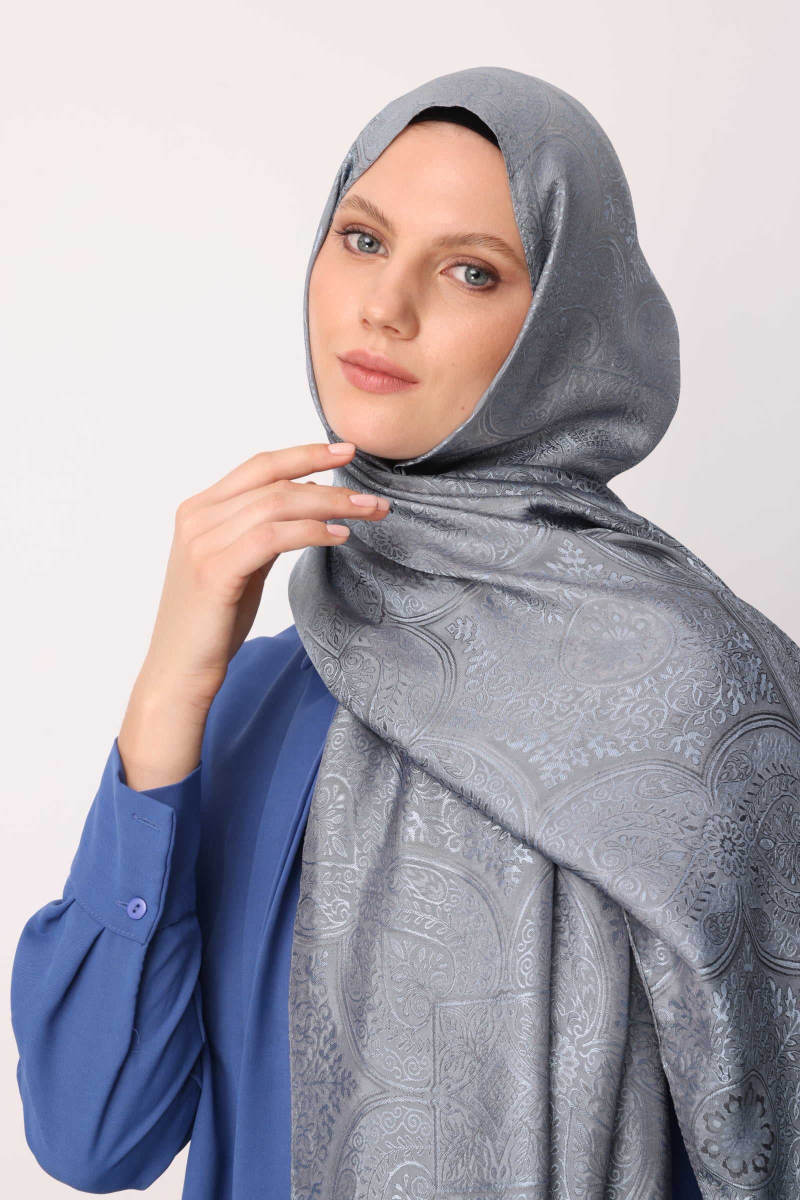 Shline Line Viscose Shawl - Dark Gray-Light Blue
