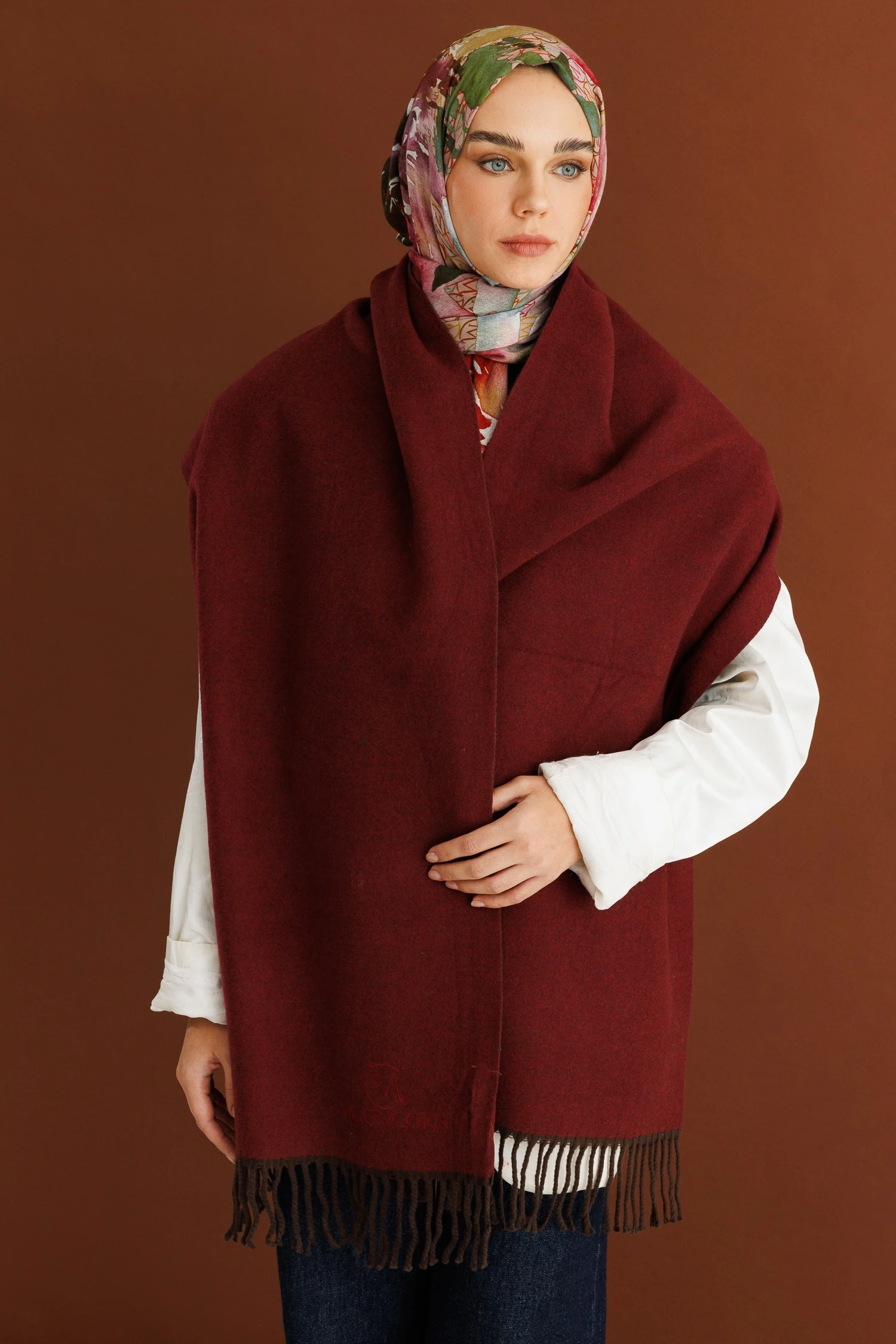 Toptan Çift Taraflı Yün Atkı - Acı Kahve Bordo