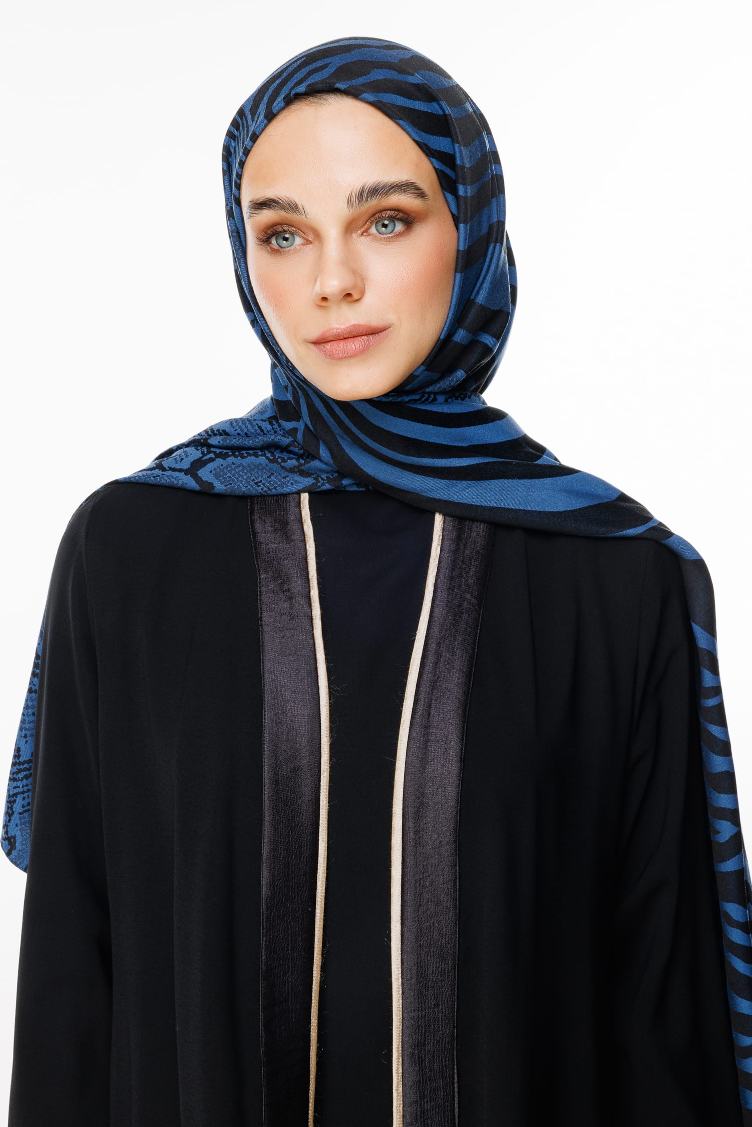 Toptan Riad Desen Çift Taraflı Şal - Siyah-İndigo