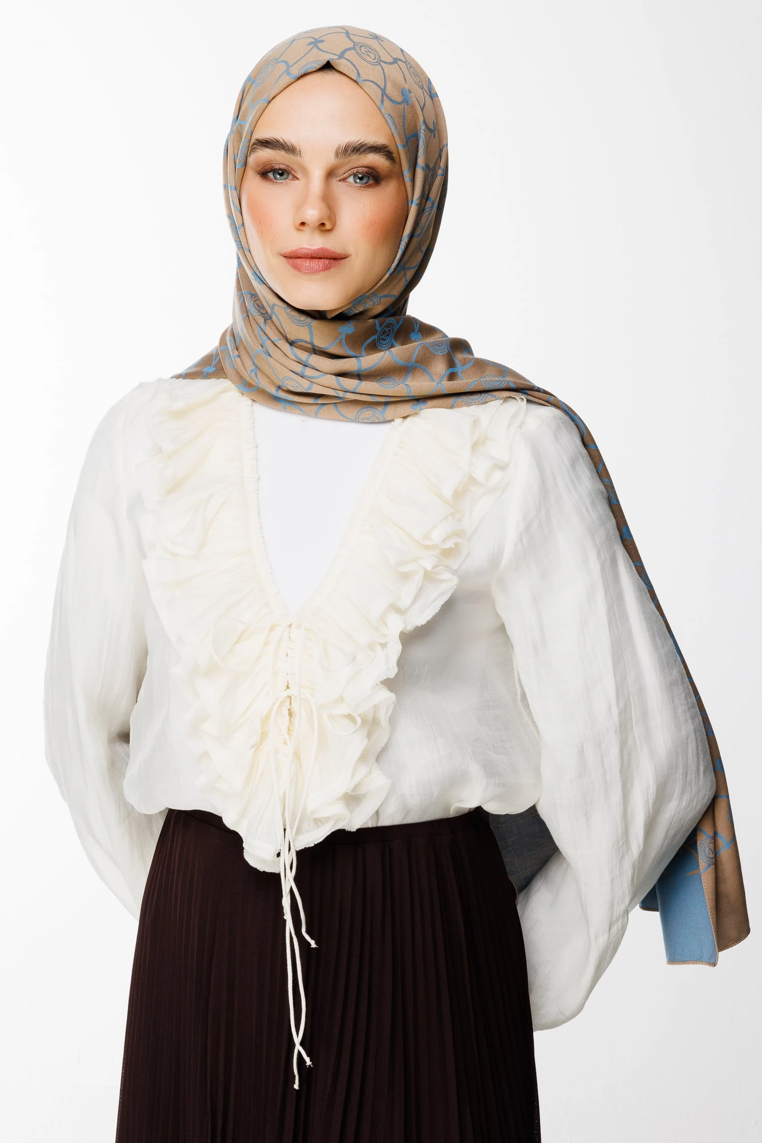 Toptan Marrakech Desen Çift Taraflı Şal - Vizon-Turkuaz