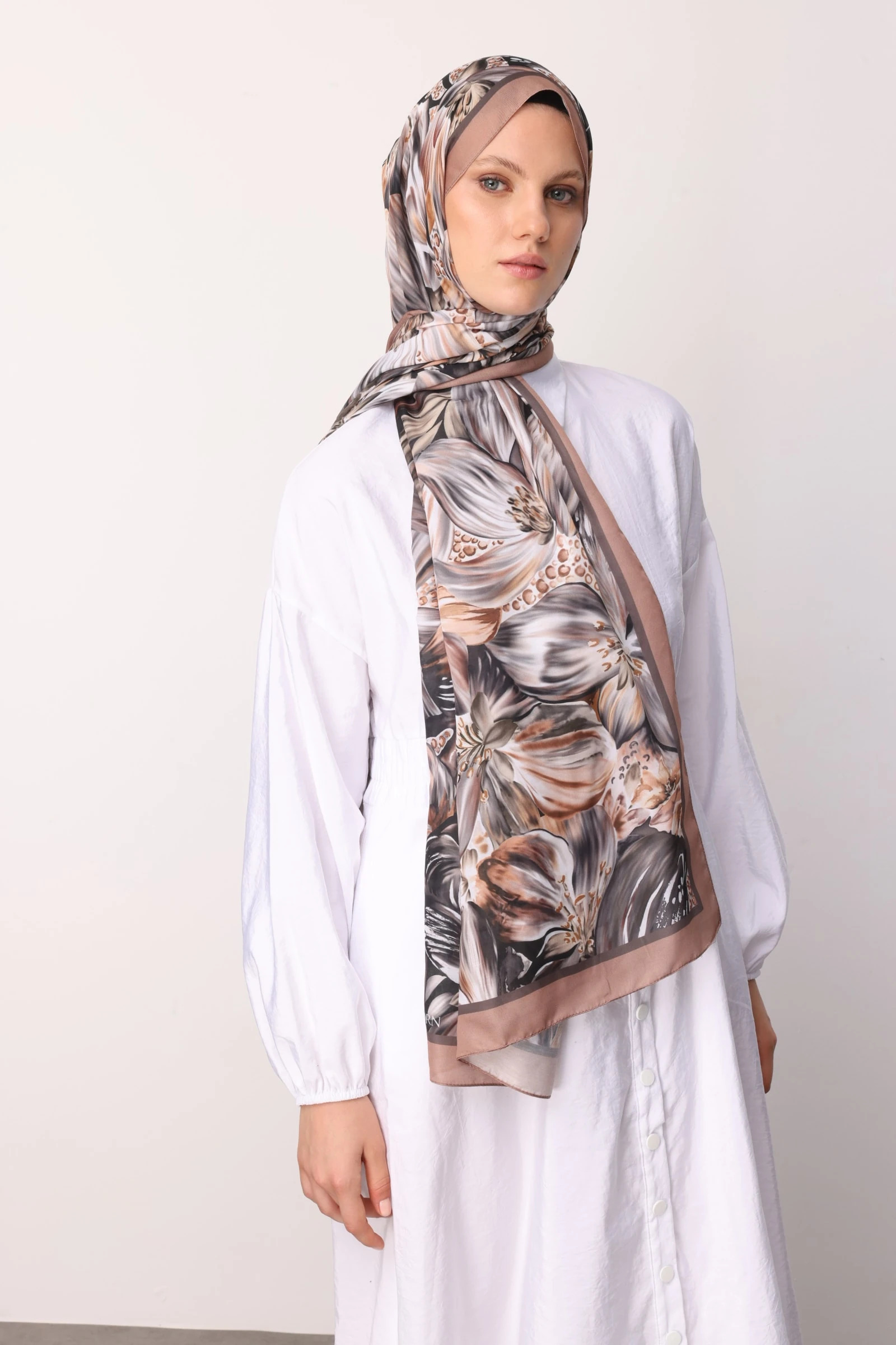 Toptan Larin Desen Pamuk Şal - Kahverengi