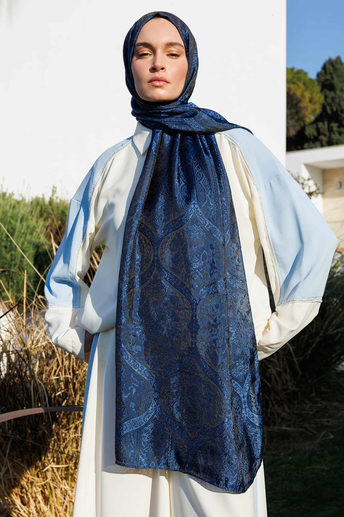 Toptan Soler Desen Shine Line Şal - Siyah-İndigo