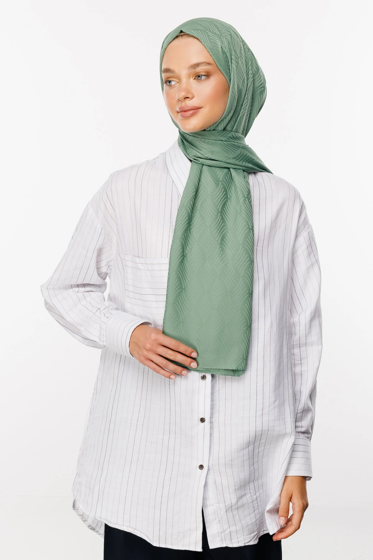 Toptan Aura Desen İpeksi Jakar Şal - Küf Yeşili