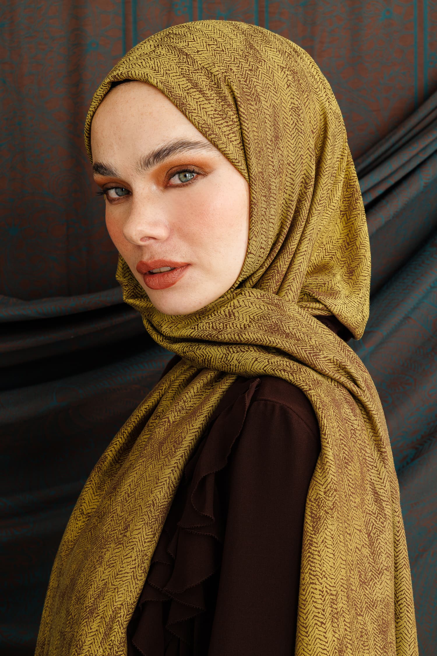 Toptan Sahra Desen Çift Taraflı Şal - Acı Kahve-Hardal