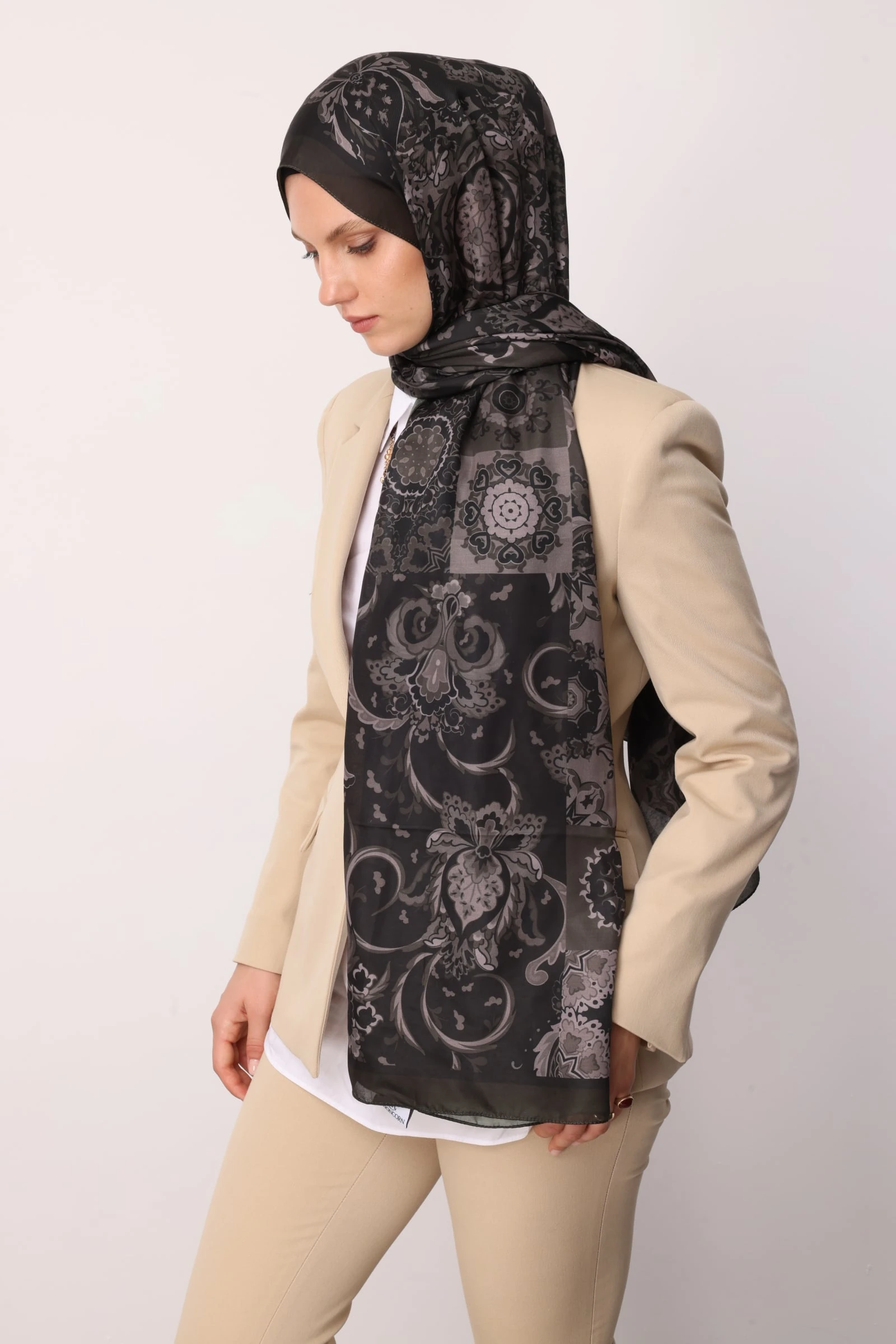 Toptan Solhar Desen Pamuk Şal - Haki