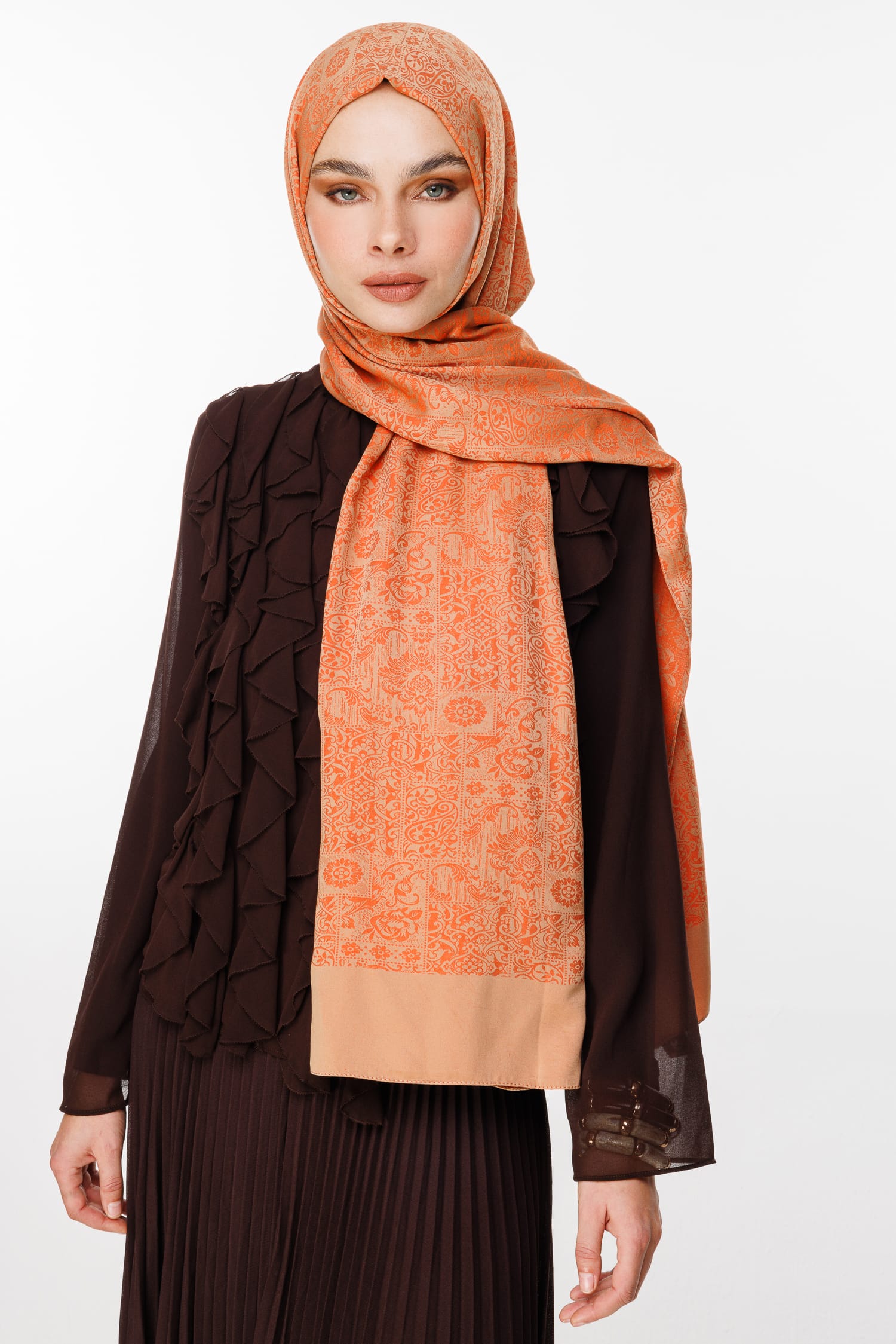 Toptan Henna Desen Çift Taraflı Şal - Tarçın-Bej