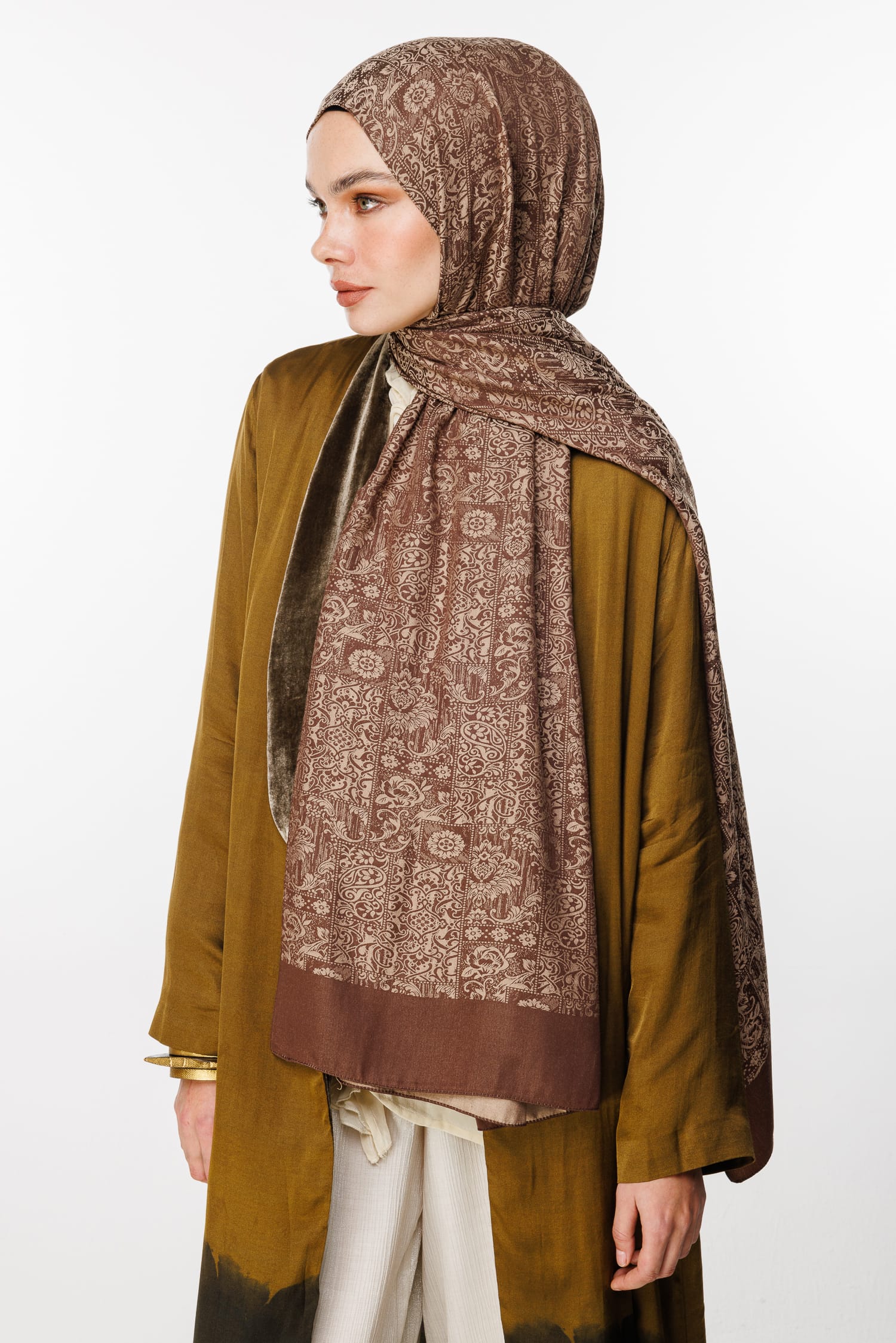 Toptan Henna Desen Çift Taraflı Şal - Acı Kahve-Bej