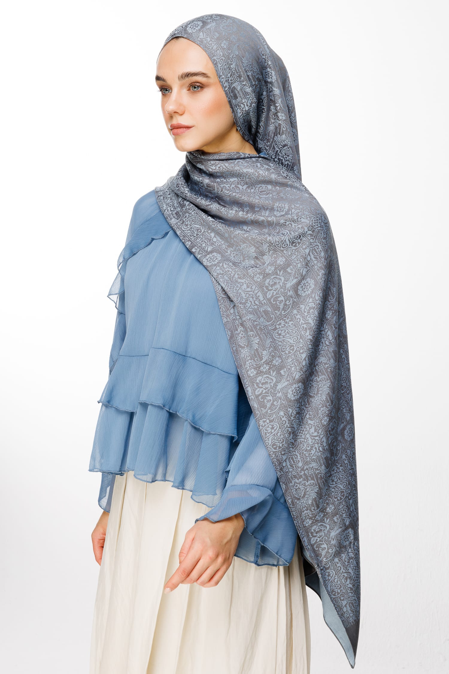 Toptan Henna Desen Çift Taraflı Şal - Koyu Gri-Açık Mavi