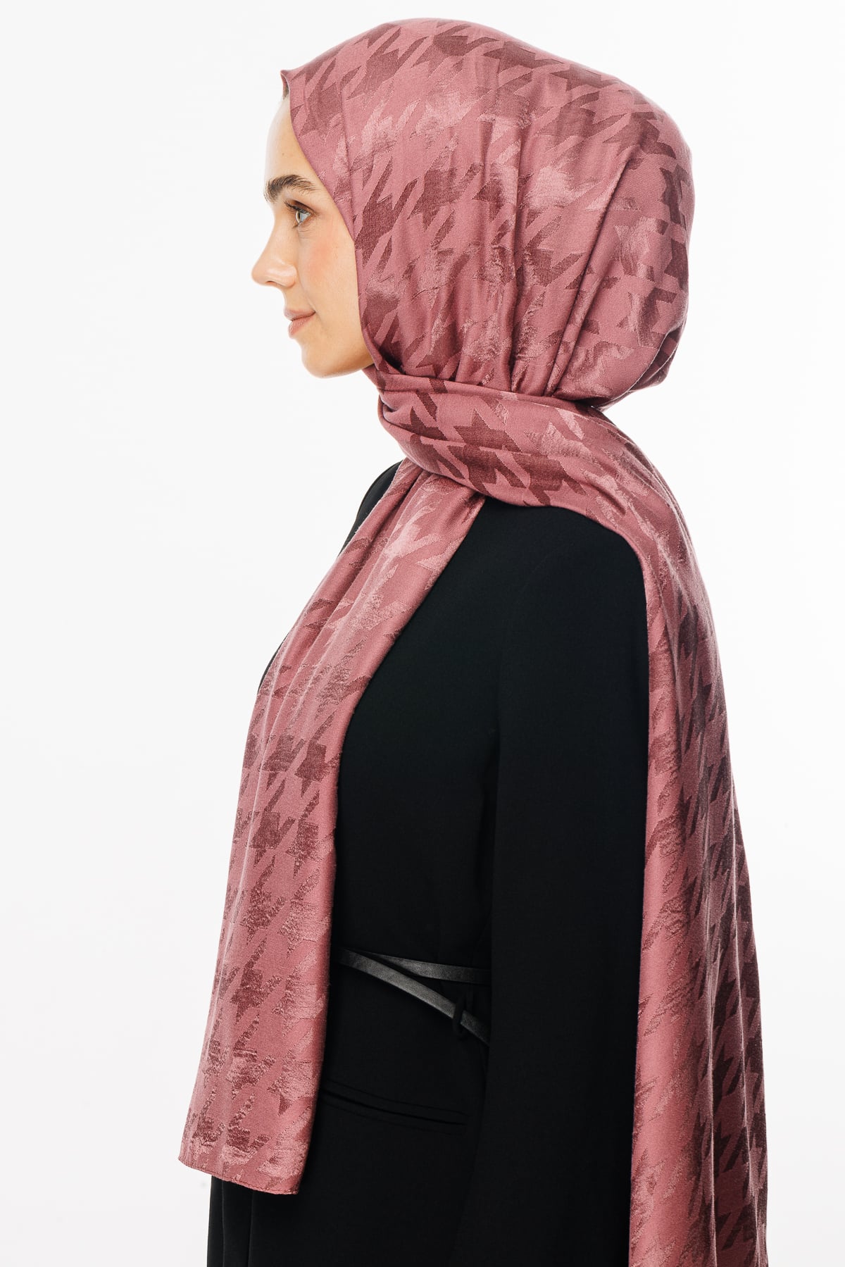 Wholesale Houndstooth Pattern Shiny Jacquard Shawl - Dried Rose