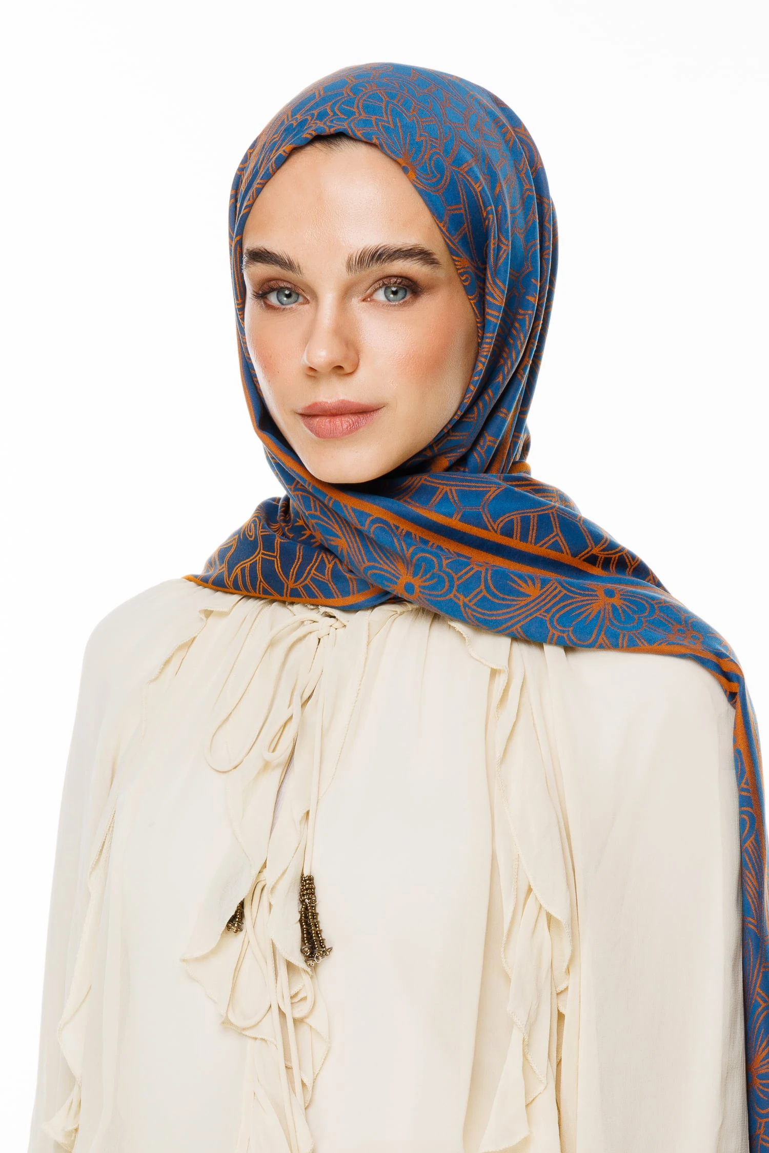 Toptan Lavin Desen Çift Taraflı Şal - Petrol Mavisi-Turuncu