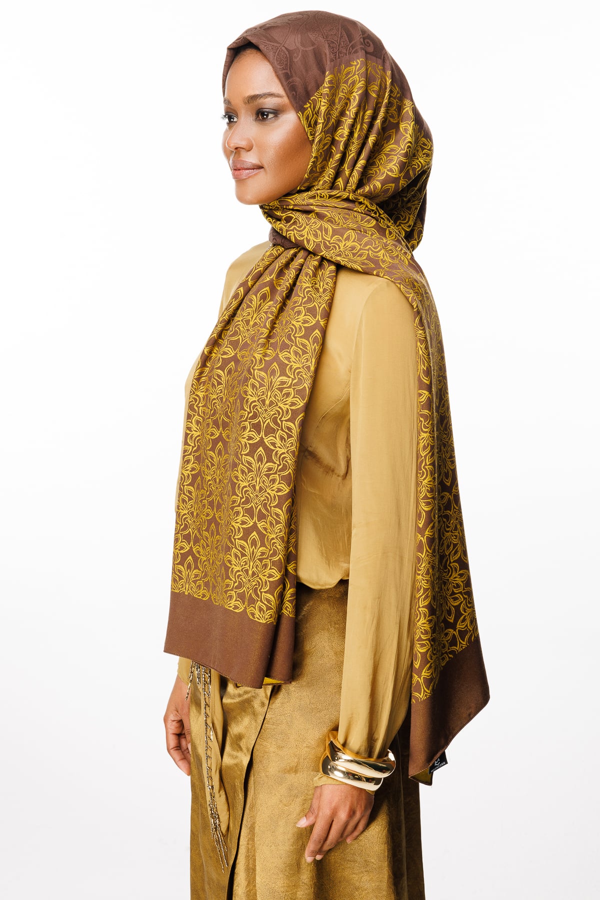 Nora-Pattern Reversible Shawl - Bitter Coffee-Mustard