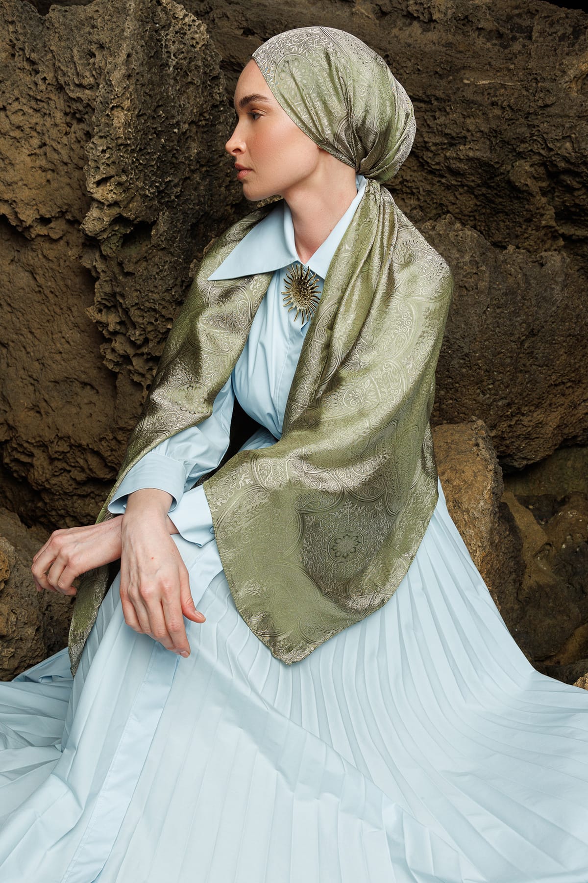 Shline Line Viscose Shawl - Khaki-Salmon