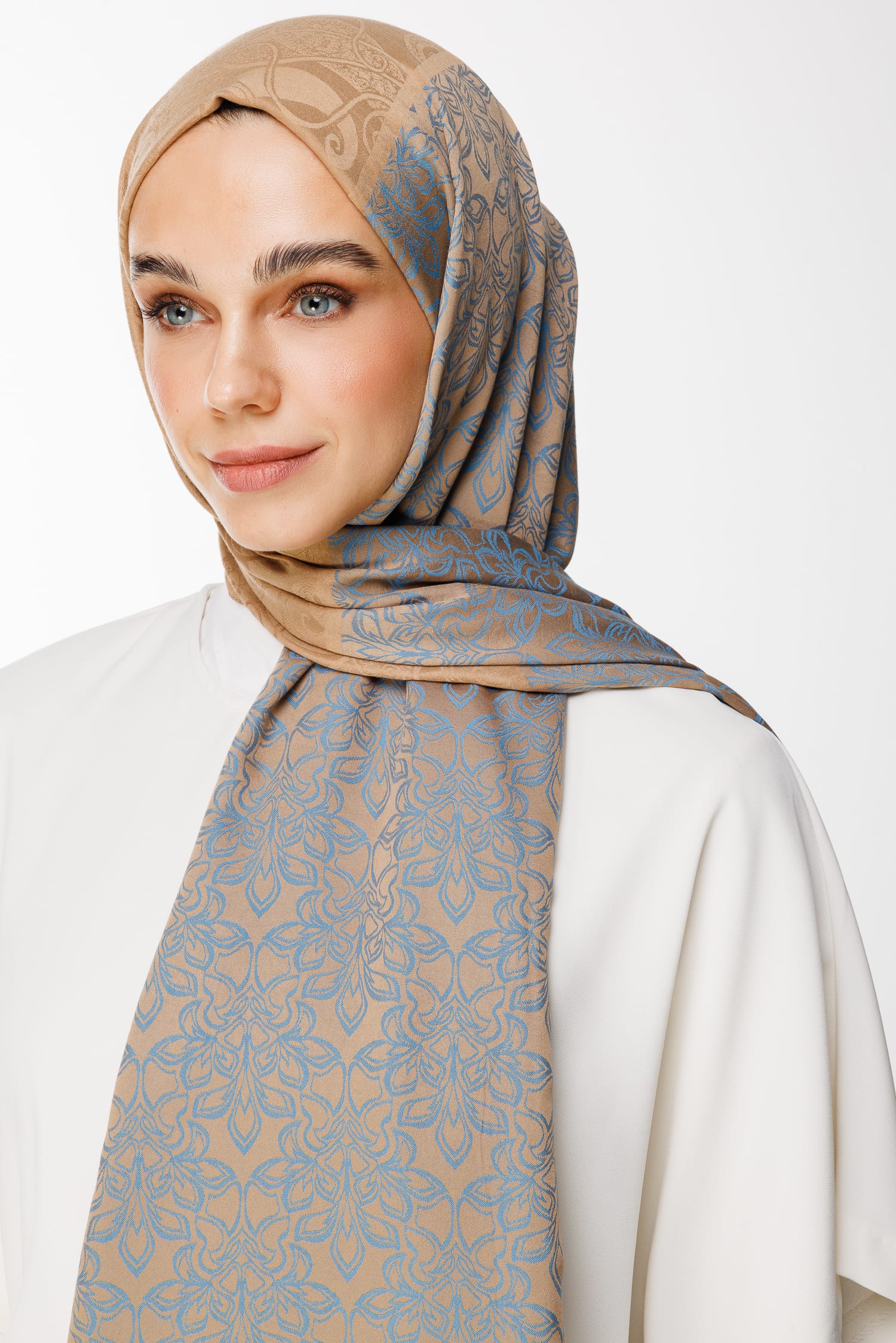 Toptan Nora Desen Çift Taraflı Şal - Vizon-Turkuaz